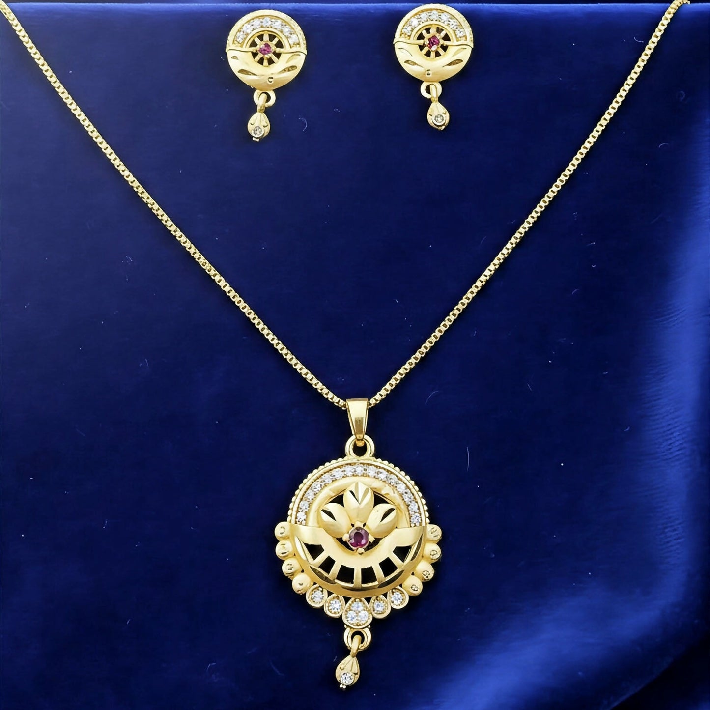 Women’s Gold-Tone Jewelry Set | Round Filigree Pendant with Red Stone | Ethnic Wedding Wear Necklace & Earrings