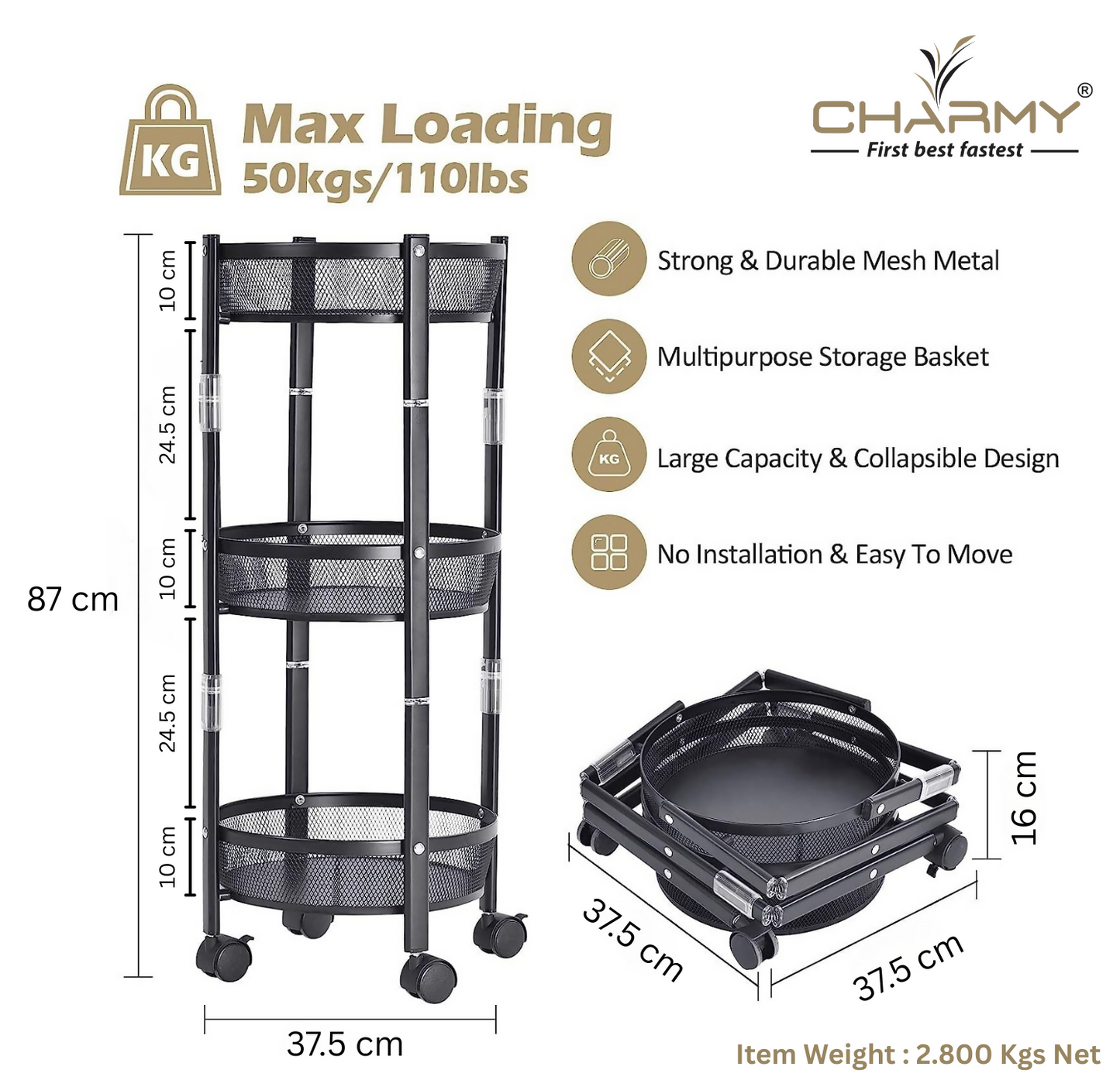 Collapsible 3-Tier Kitchen Trolley with Wheels | Foldable Metal Mesh Storage Rack | Heavy-Duty Vegetable & Fruit Basket Stand | Multipurpose Utility Cart for Home & Office