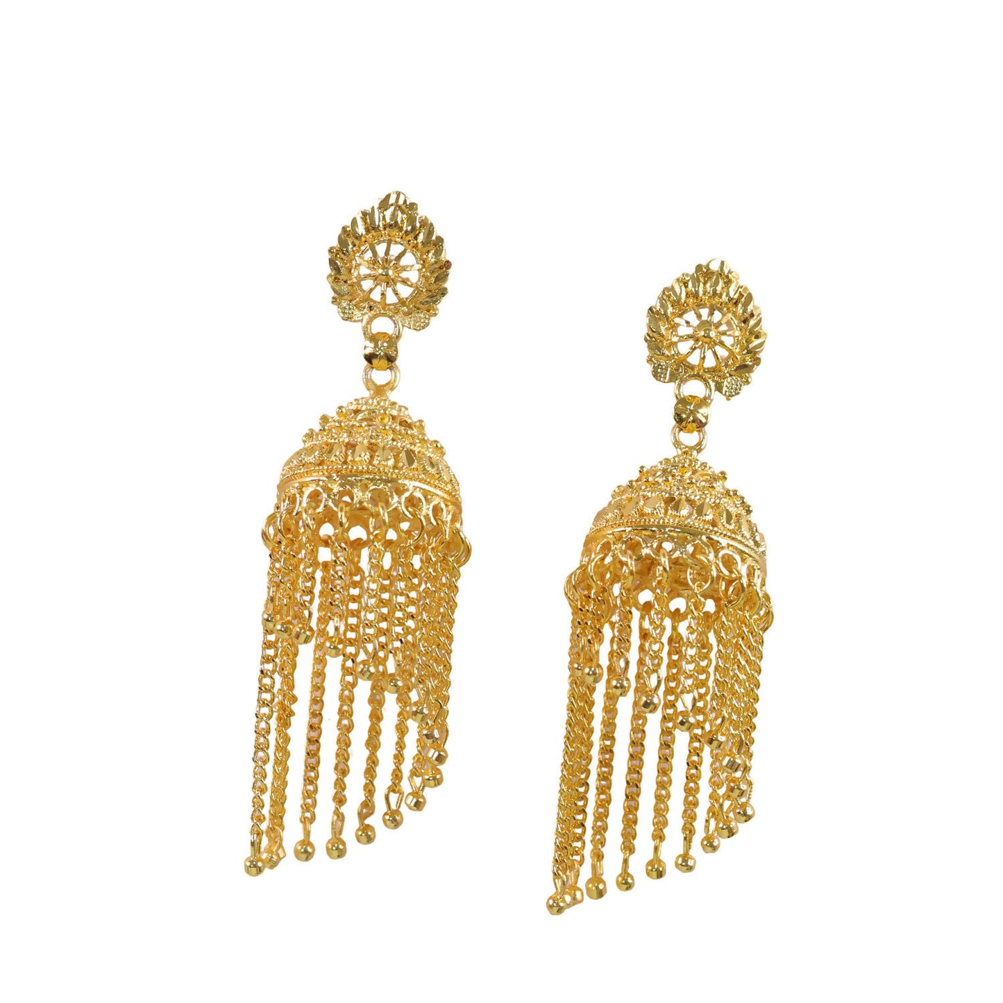 Traditional Gold Tone Chain Tassel Jhumka Earrings Long Ethnic Dangle Earrings for Women