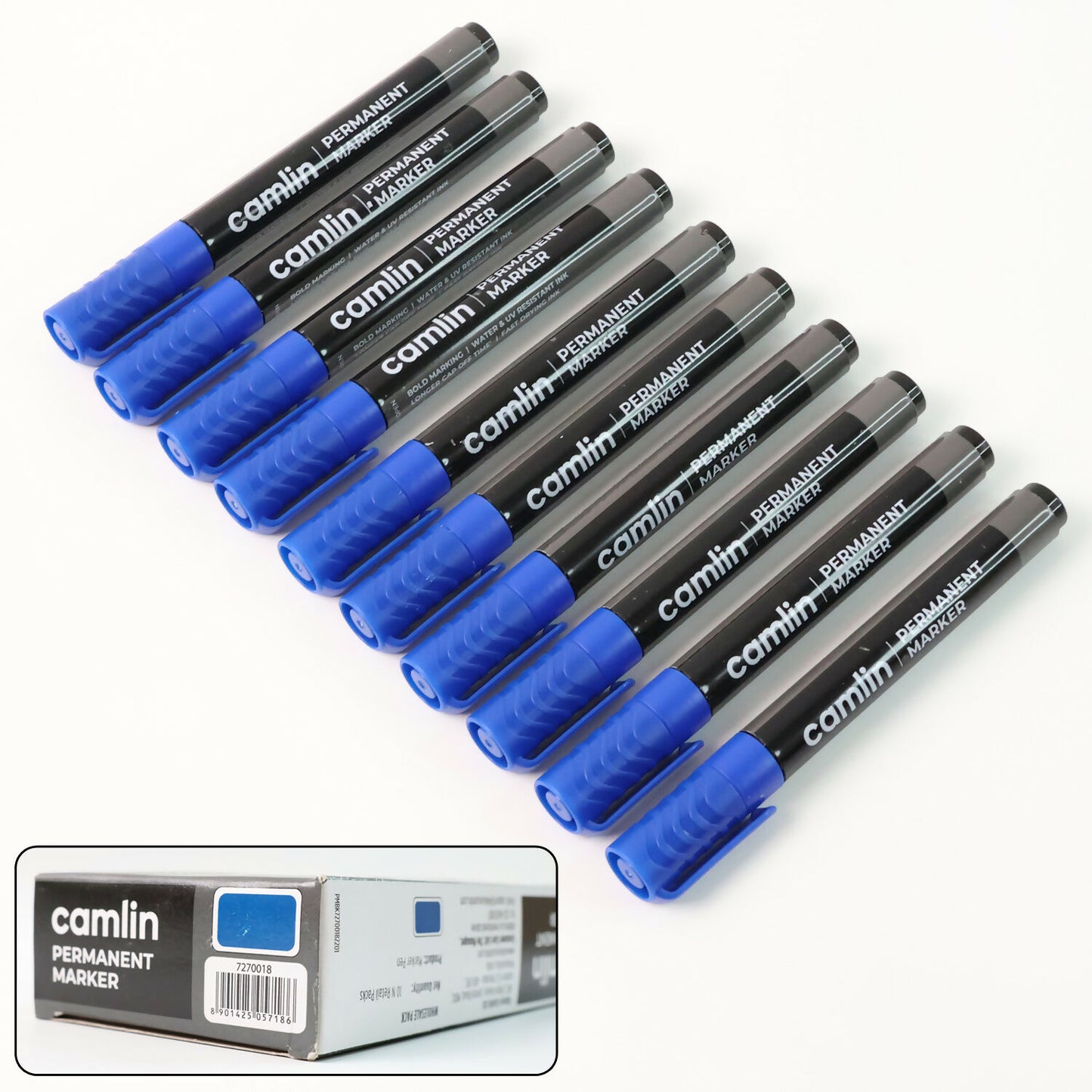 Camlin Permanent Marker – Blue Colour, Bold & Long-Lasting Ink, Refillable Multi-Surface Permanent Markers – Pack of 10