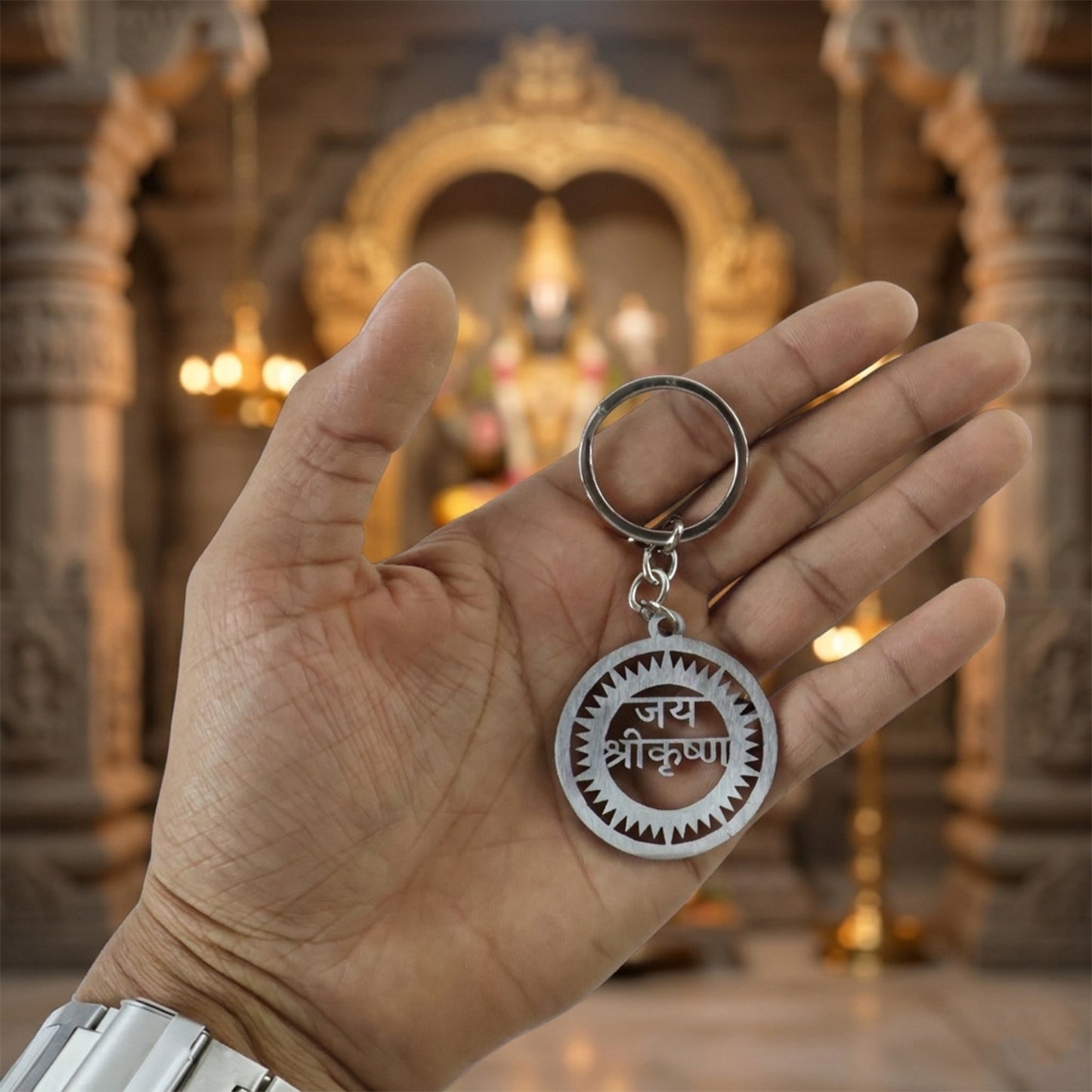 Premium Metal Round Jay Shree Krishna Keychain 1 Pc