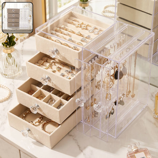 Acrylic Jewelry Organizer Box, Multi-Drawer Velvet Storage for Rings