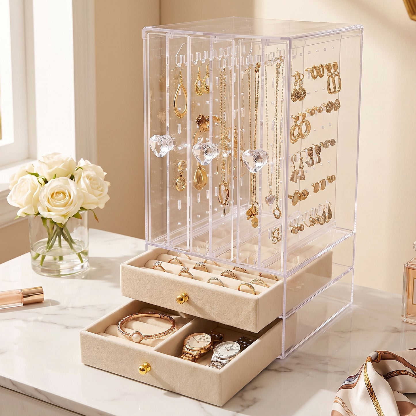 Acrylic Jewelry Organizer Box, 3 Hanging Panels and 2 Drawers for Earrings (1 Set)