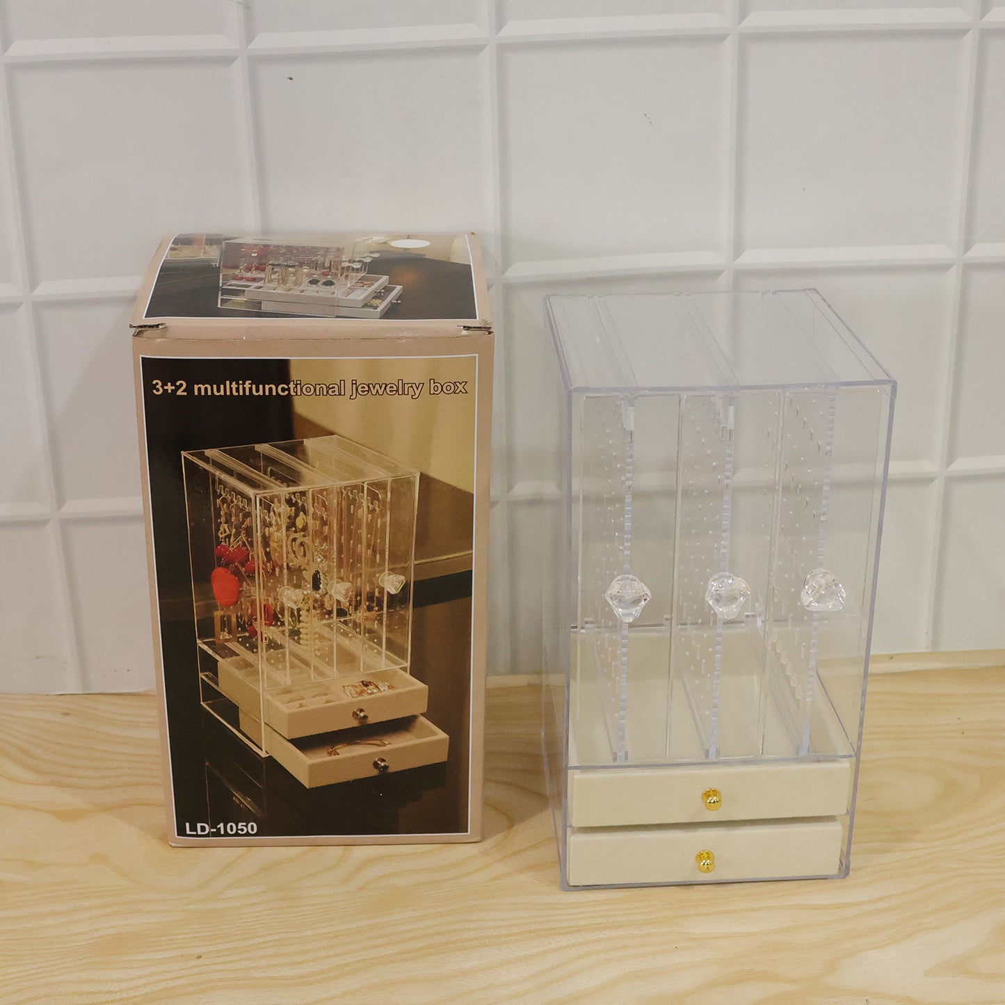 Acrylic Jewelry Organizer Box, 3 Hanging Panels and 2 Drawers for Earrings (1 Set)