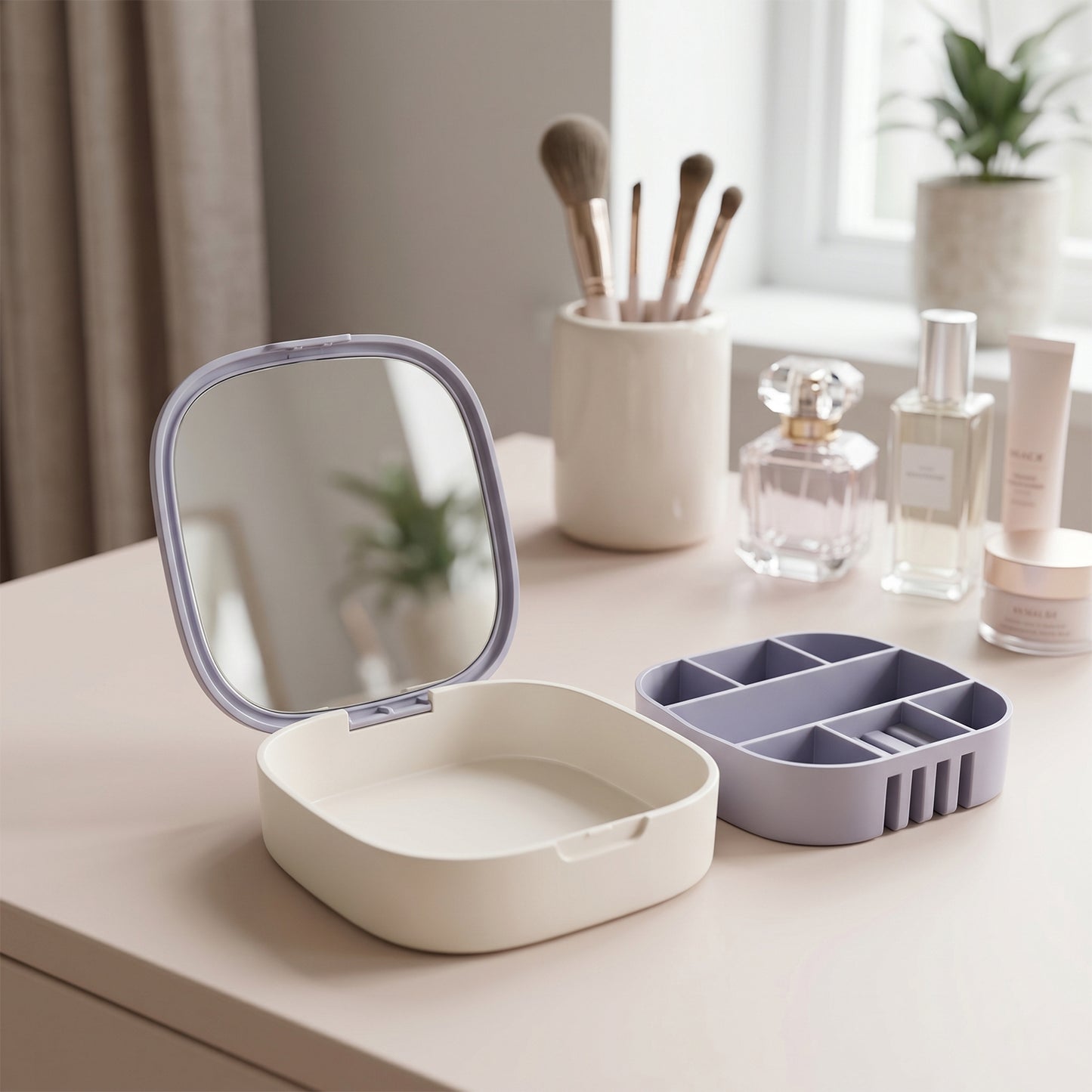 Jewelry storage box compartments and mirror