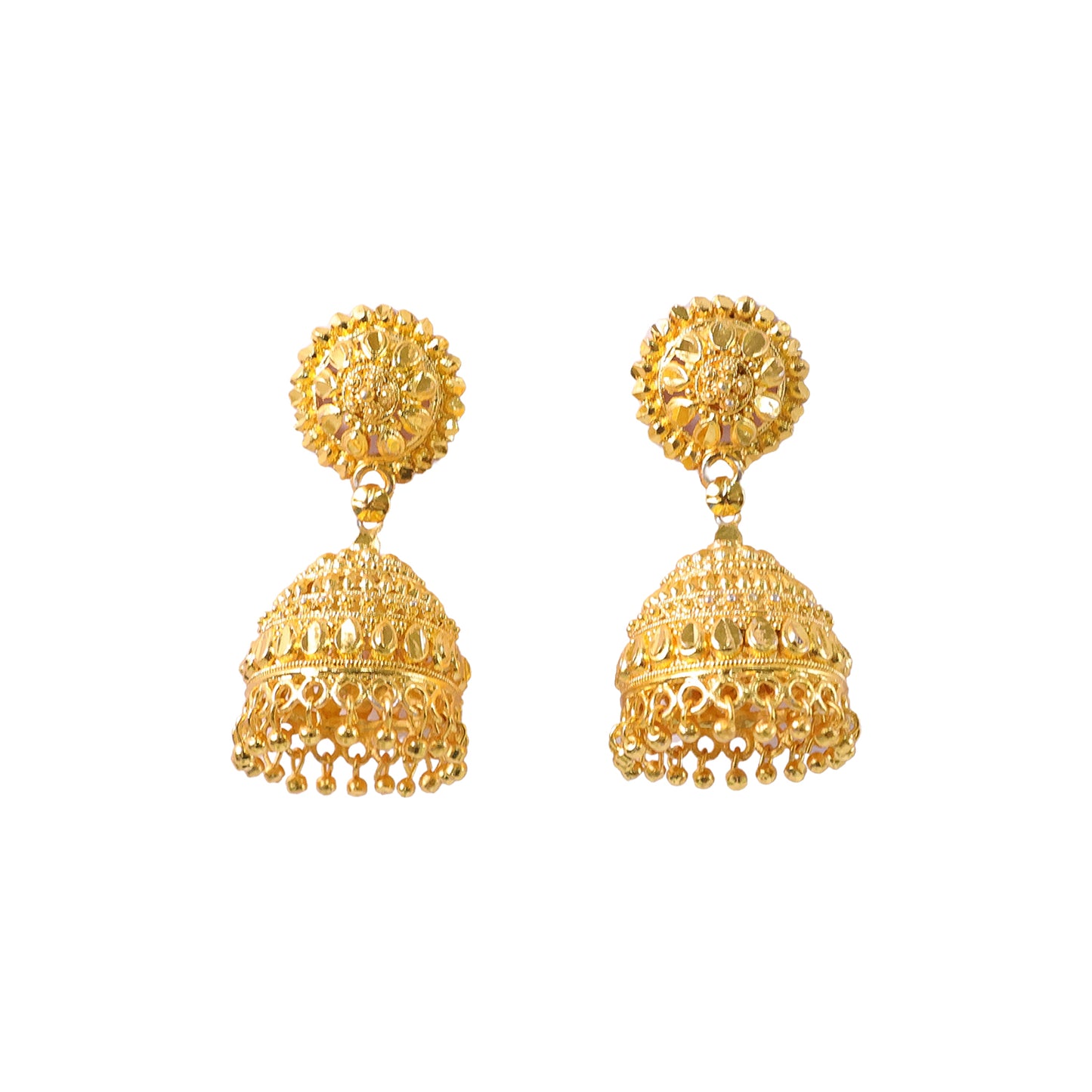 Pair of gold plated jhumka earrings with intricate craftsmanship