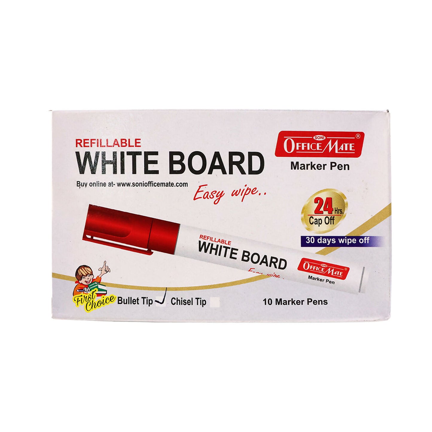 Refillable Red Whiteboard Marker Pen Set of 10 with Bullet Tip for Office, School & Teaching Use