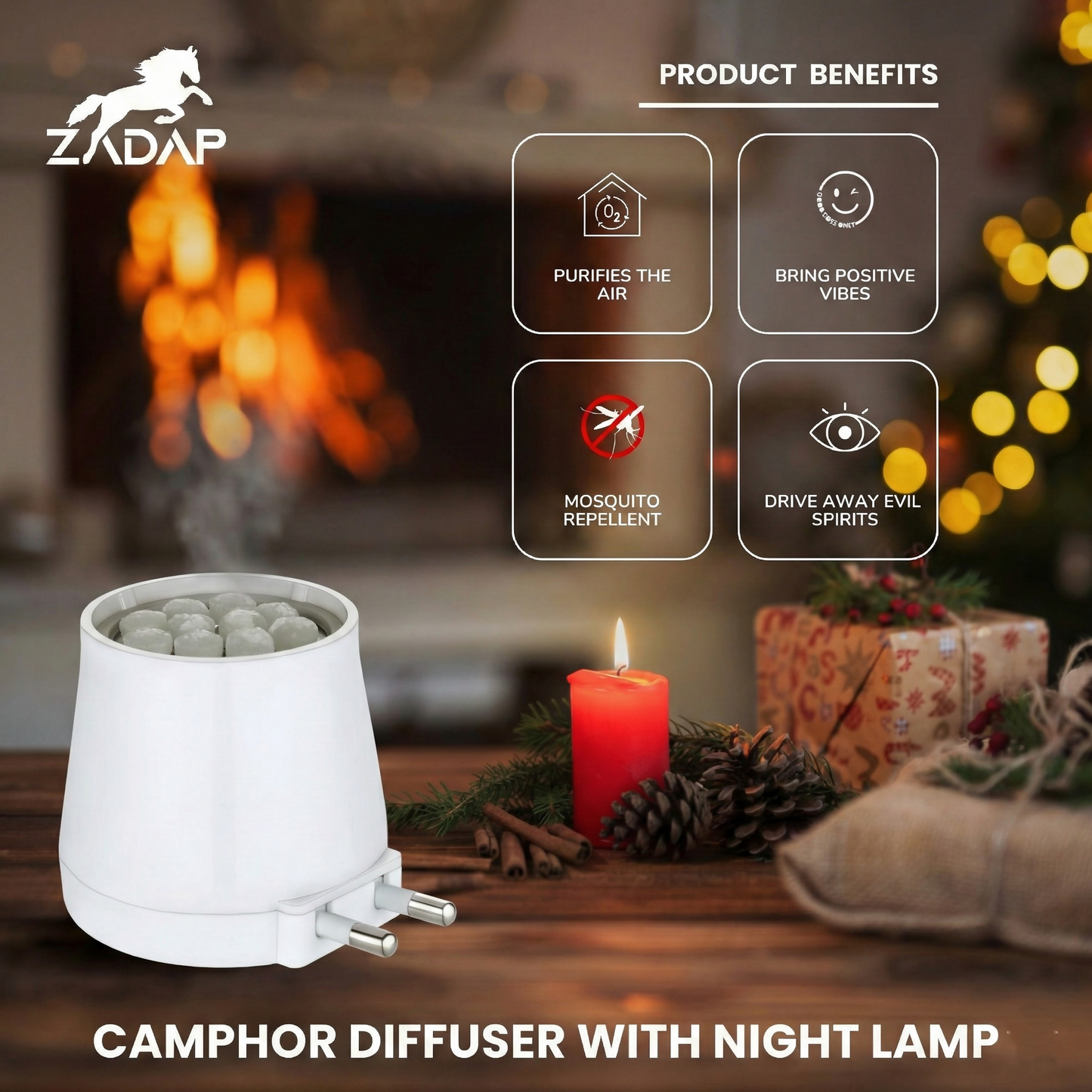 Zadap Wooden Kapoor Dani, Aroma Diffuser, Camphor Burner & Night Lamp