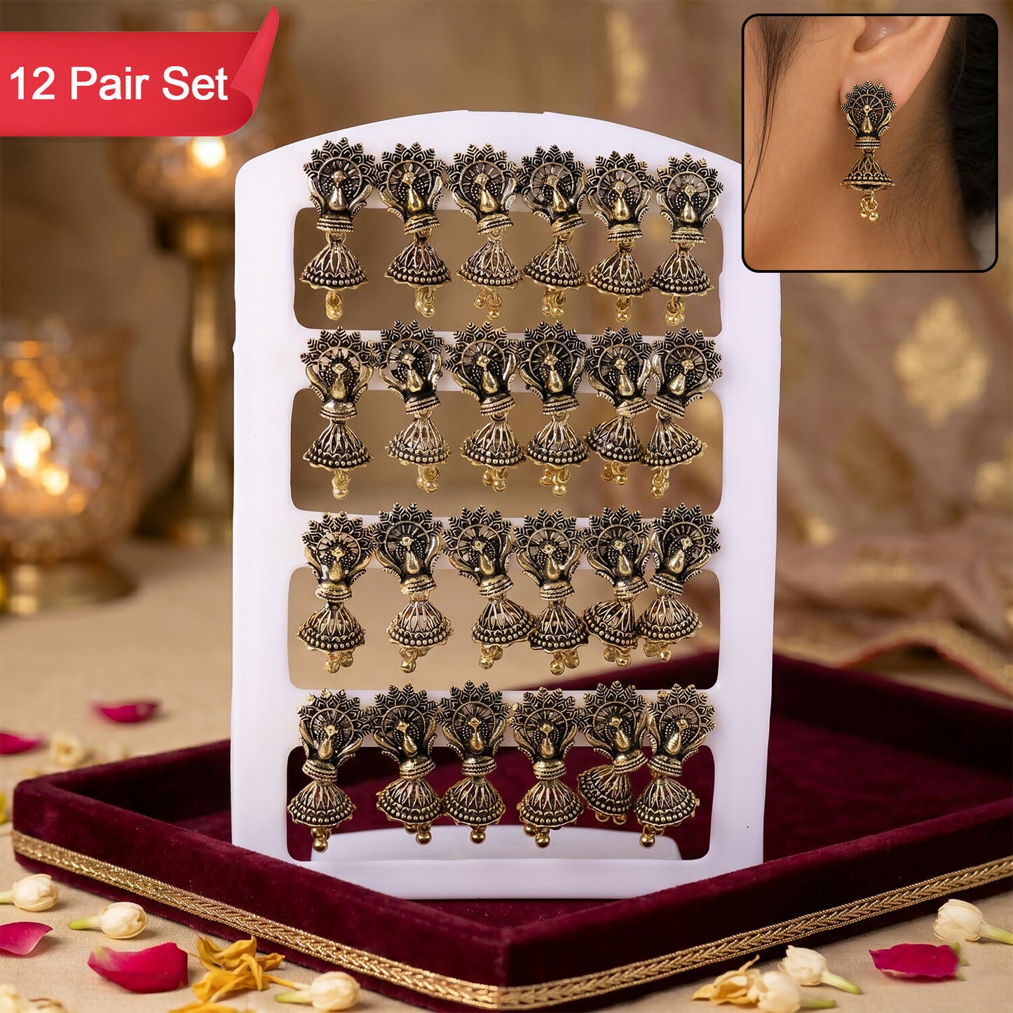 Oxidised floral leaf jhumka earrings set – 12 pairs