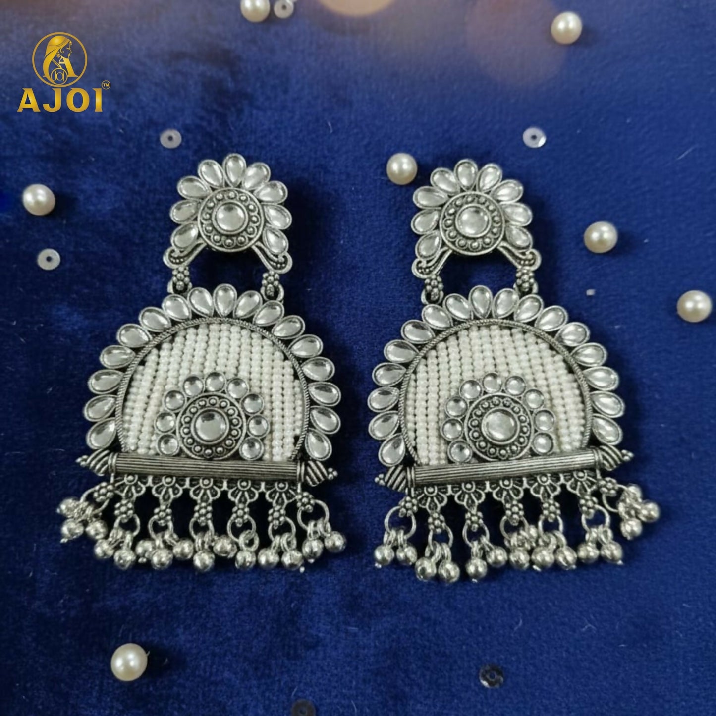 Traditional Oxidized Silver Jeco Chandbali Earrings