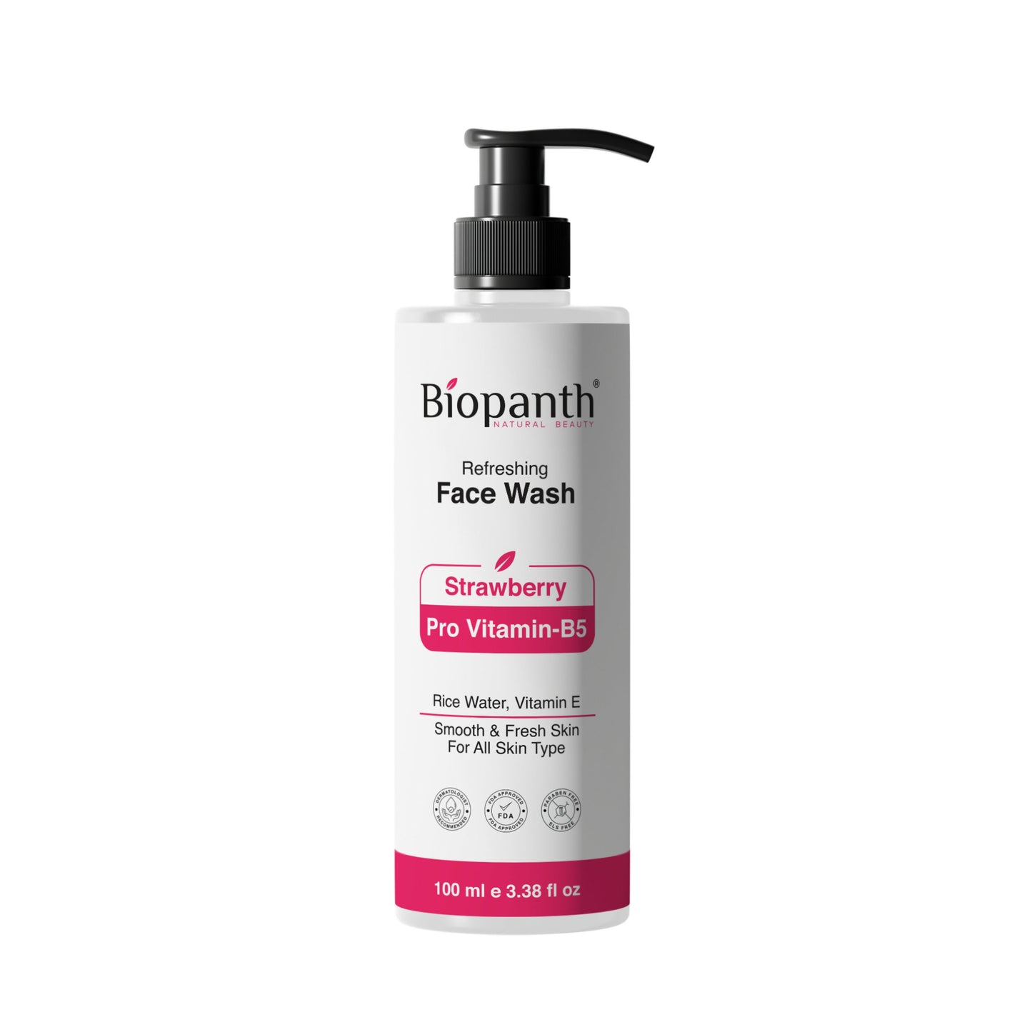 Refreshing face wash with strawberry and pro vitamin B5 in a bottle