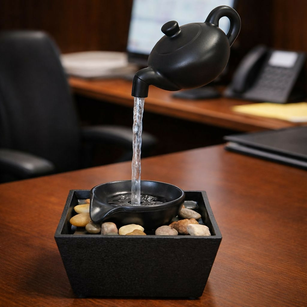 Zen Tabletop Water Fountain with Floating Teapot & Pebble Base