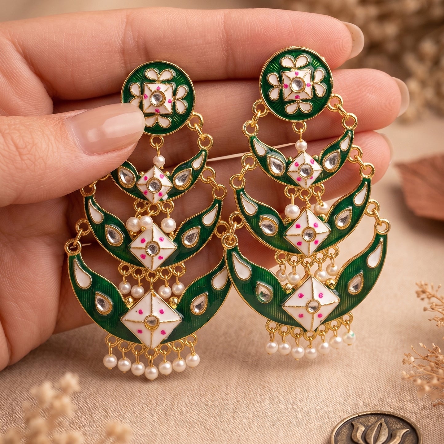 Close-Up of Sea Green Meenakari Chandbali Earring Detailing