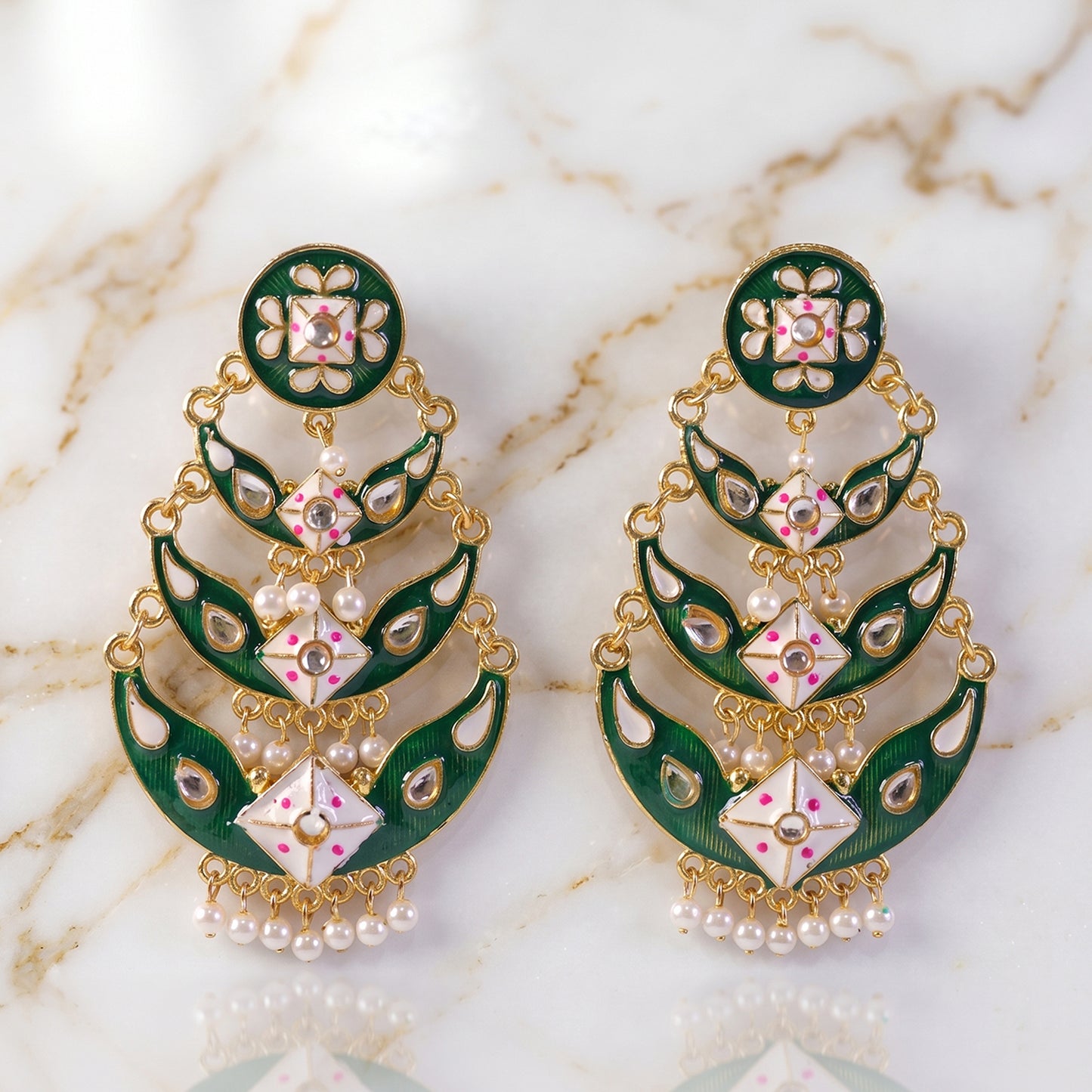 Sea Green Chandbali Earring with Pearl Hanging Accents