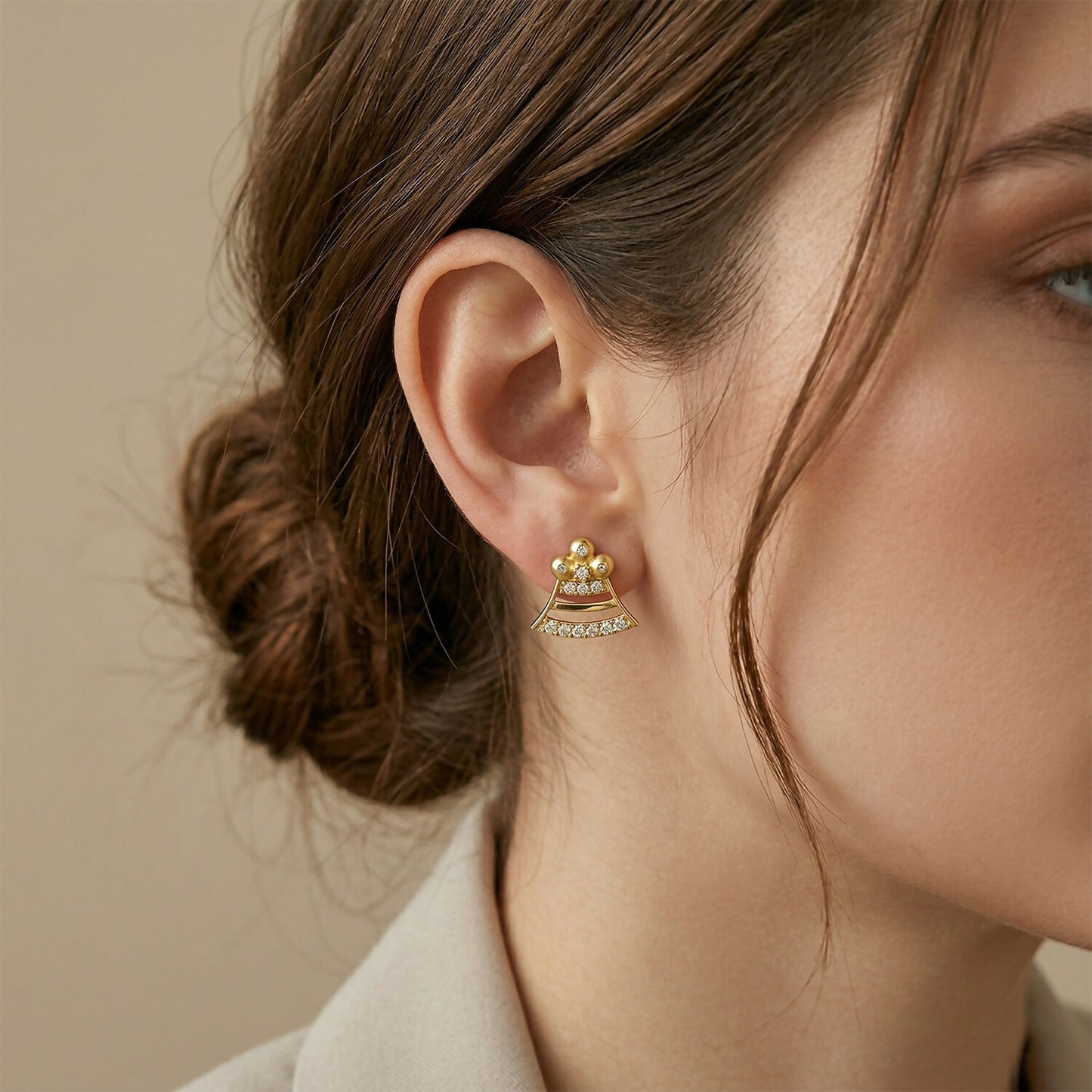 Square Floral Gold Stud Earrings with Crystal Leaf Design