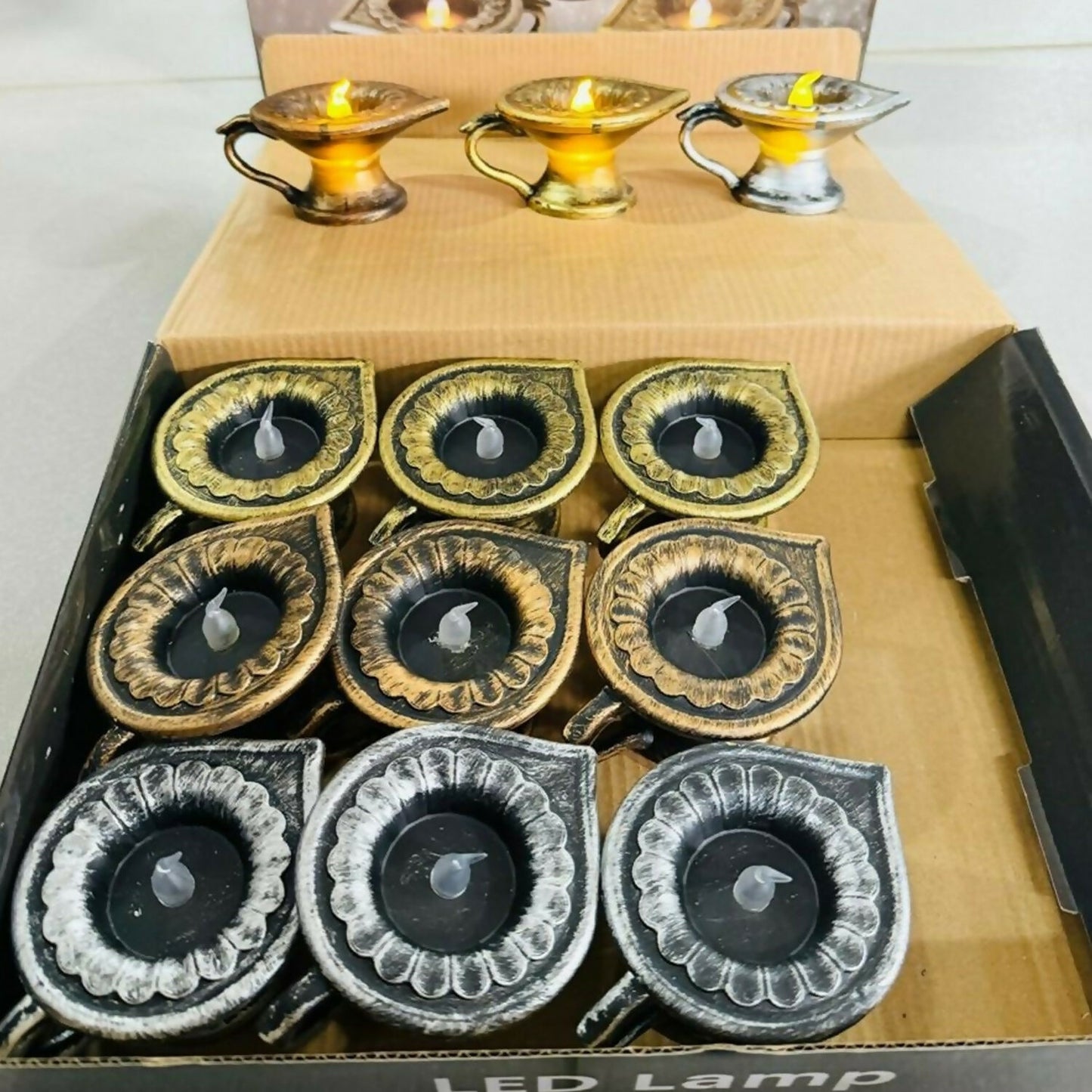 Set of 12 Vintage LED Diya Lamps | Battery Operated Flameless Pooja Lights | Antique Finish Decorative Deepak for Diwali, Navratri, Temple, Wedding & Home Décor