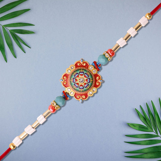 Mandala Floral Rakhi with intricate floral motif on thread symbolizing sibling bond