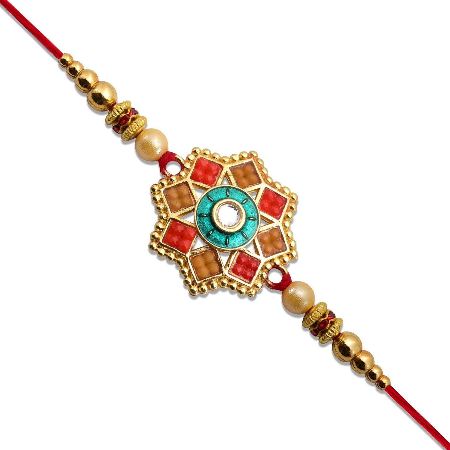 Close-up of handcrafted rakhi thread showing detailed traditional work and skin-friendly materials
