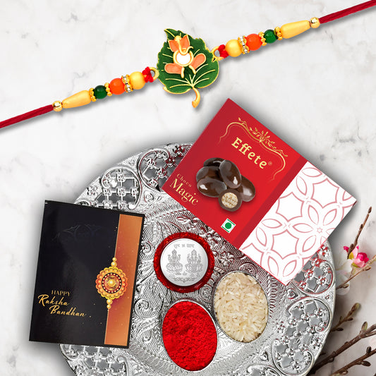 Ganesh Rakhi Combo Gift Set displaying rakhi and puja thali essentials