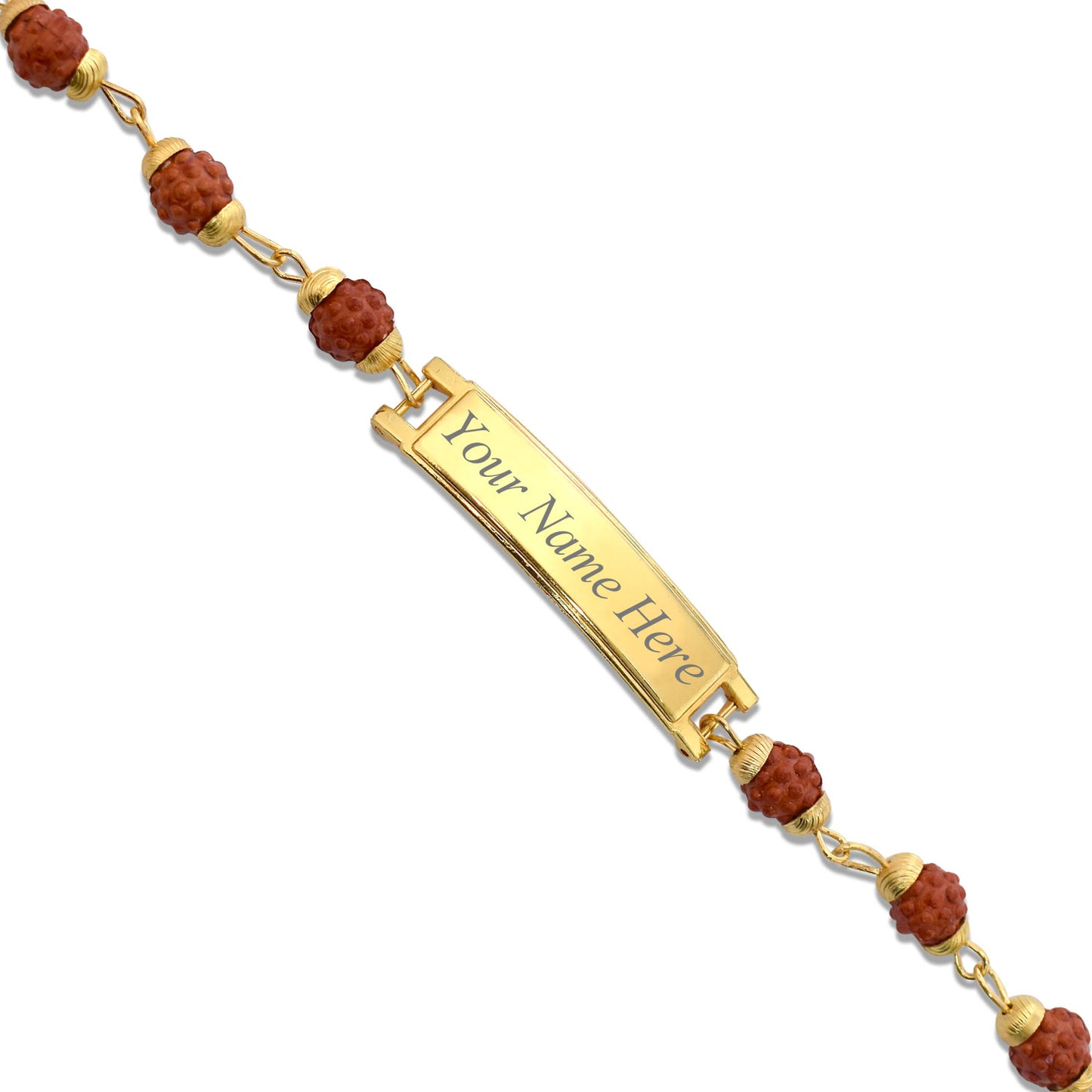 Close-up of a Customized Rudraksh Bracelet with an engraved name plate, showcasing the beads.