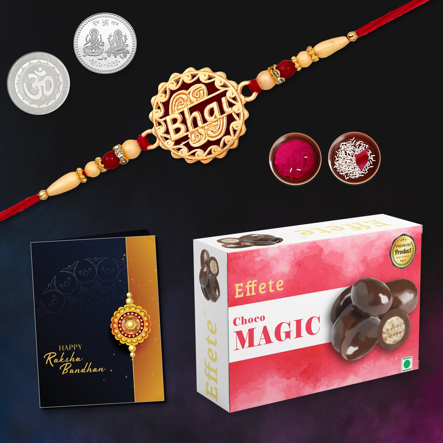 Bhai Rakhi Combo set with rakhi, silver coin, greeting card, and chocolate