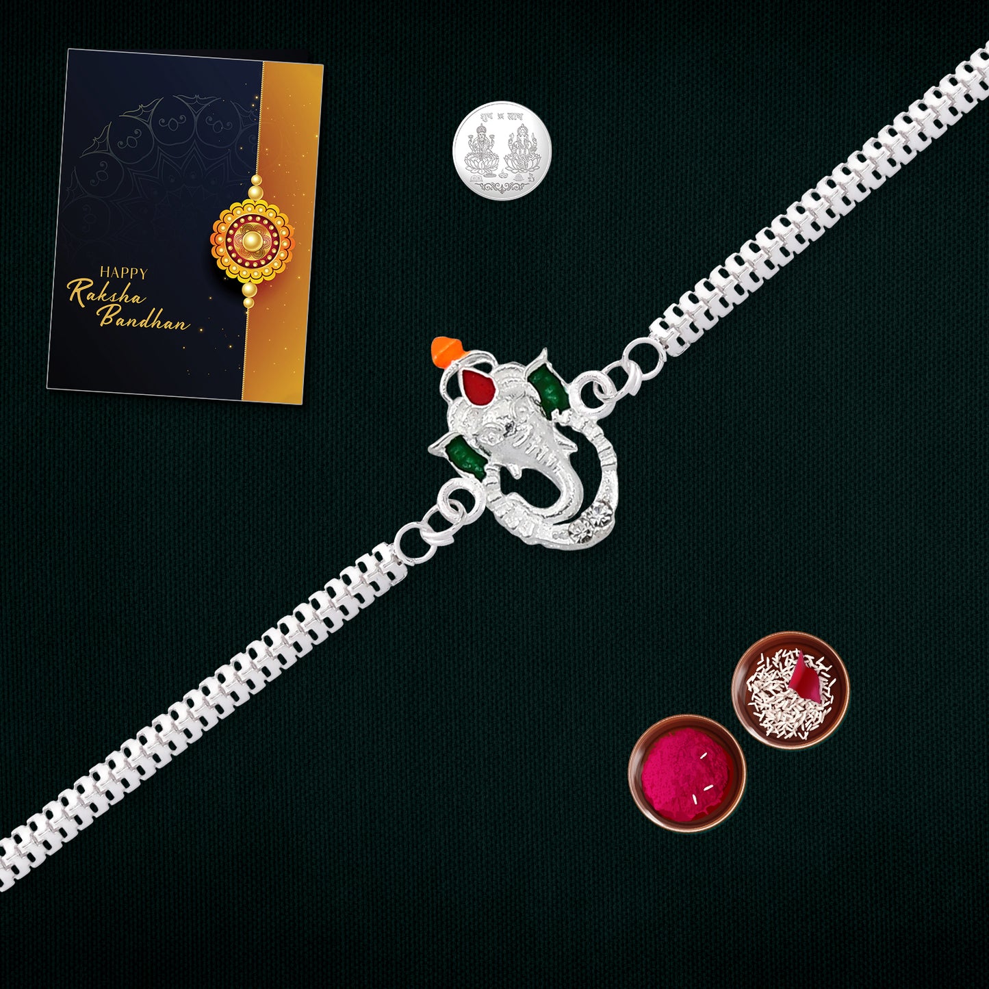 Ganpati silver bracelet rakhi with coin and tilak set in combo gift pack