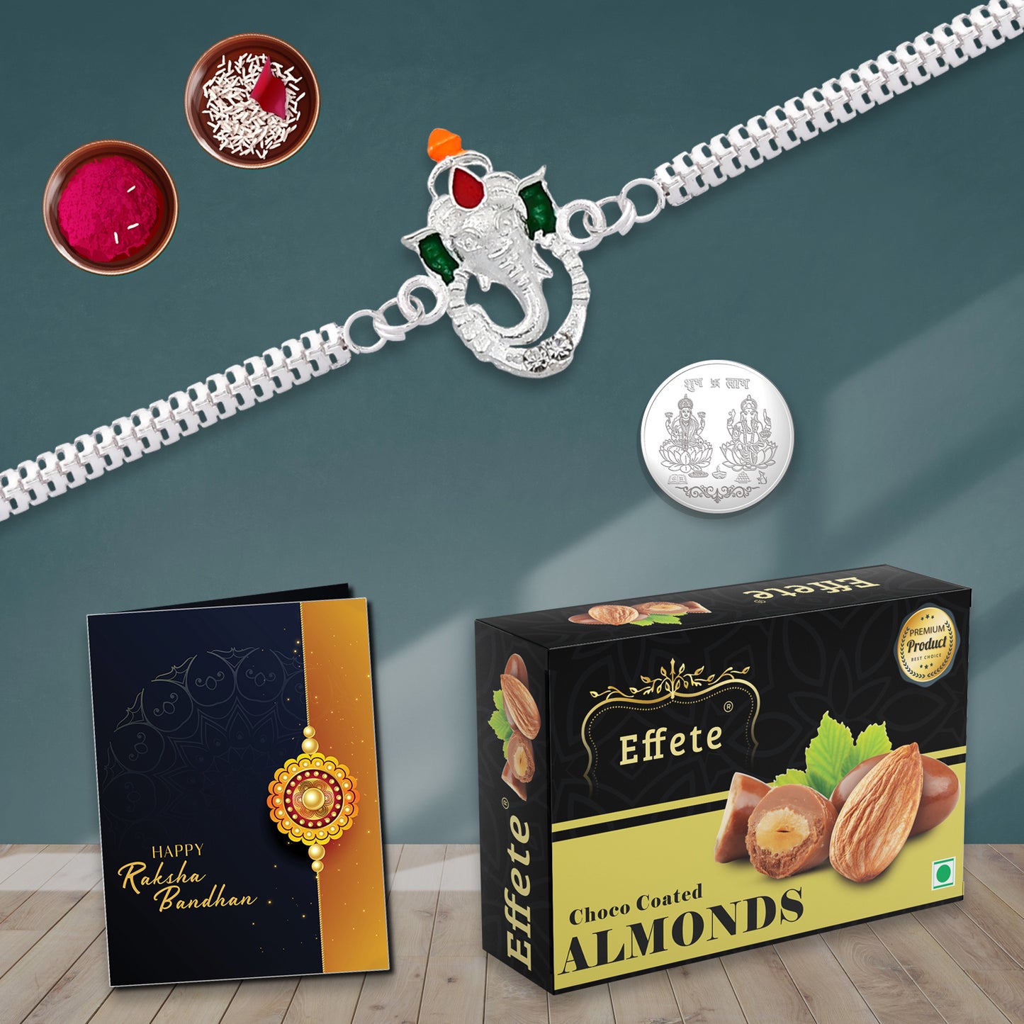 Bracelet Style Ganesh Rakhi Gift Box with Chocolates, Roli Chawal ,Silver Coin& Greeting Card, Rakhi Gift Combo