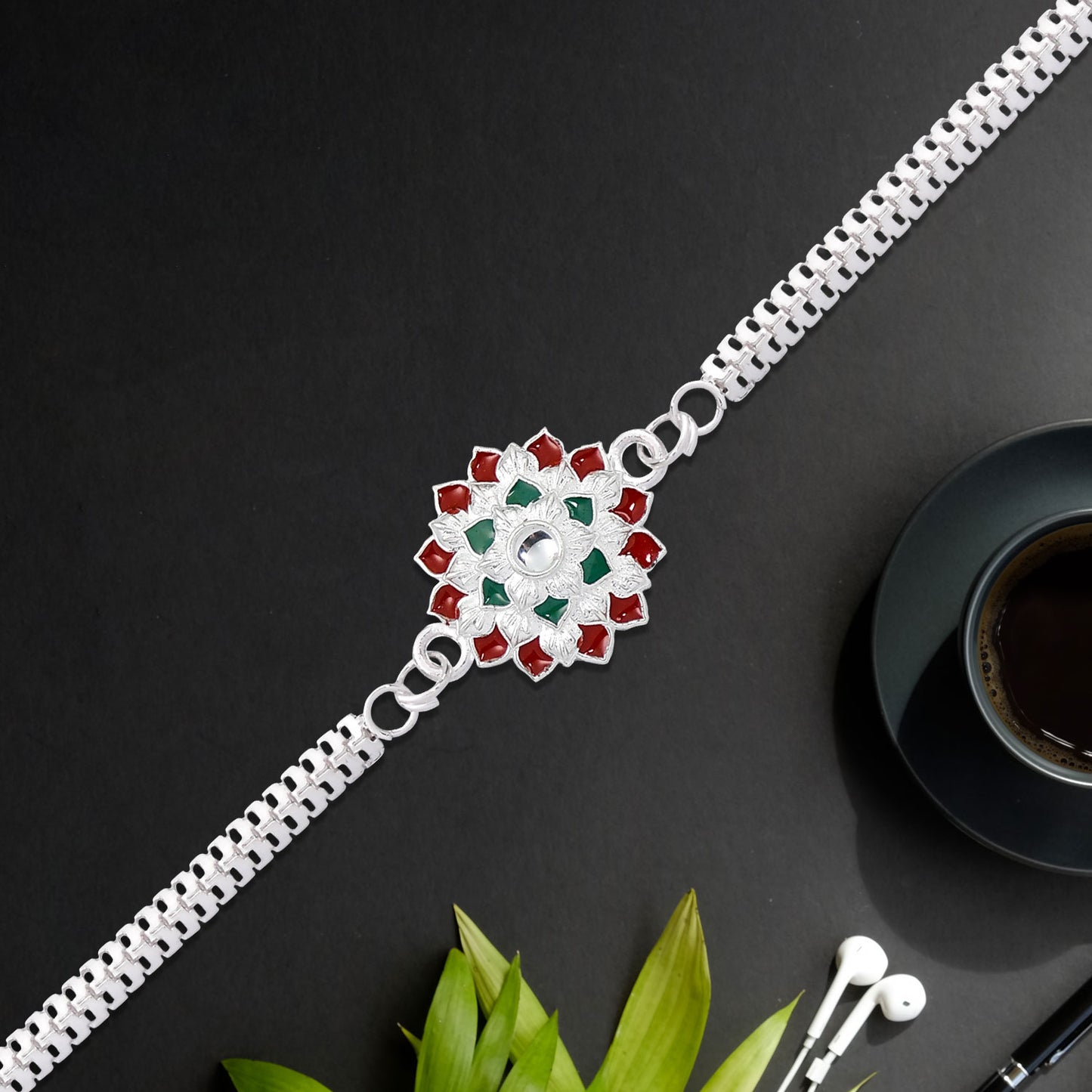 Round Shape Silver Chain Rakhi With Red-Green Accents