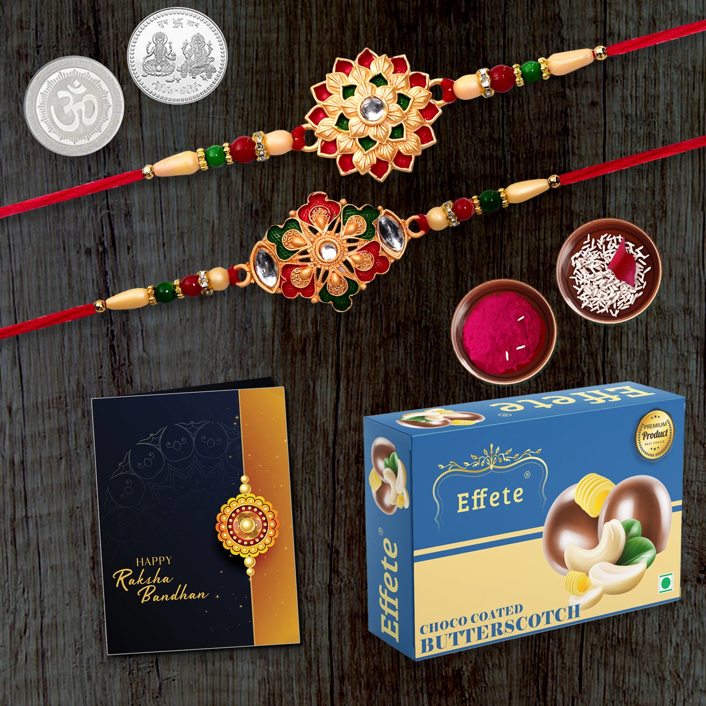 Rakhi combo gift set with colorful rakhis and ritual items