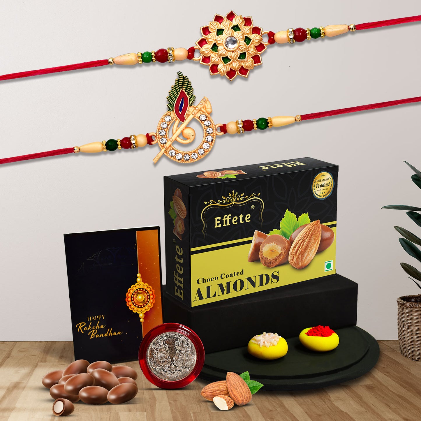 Rakhi Combo Gift Set with 2 elegant rakhis and pooja items