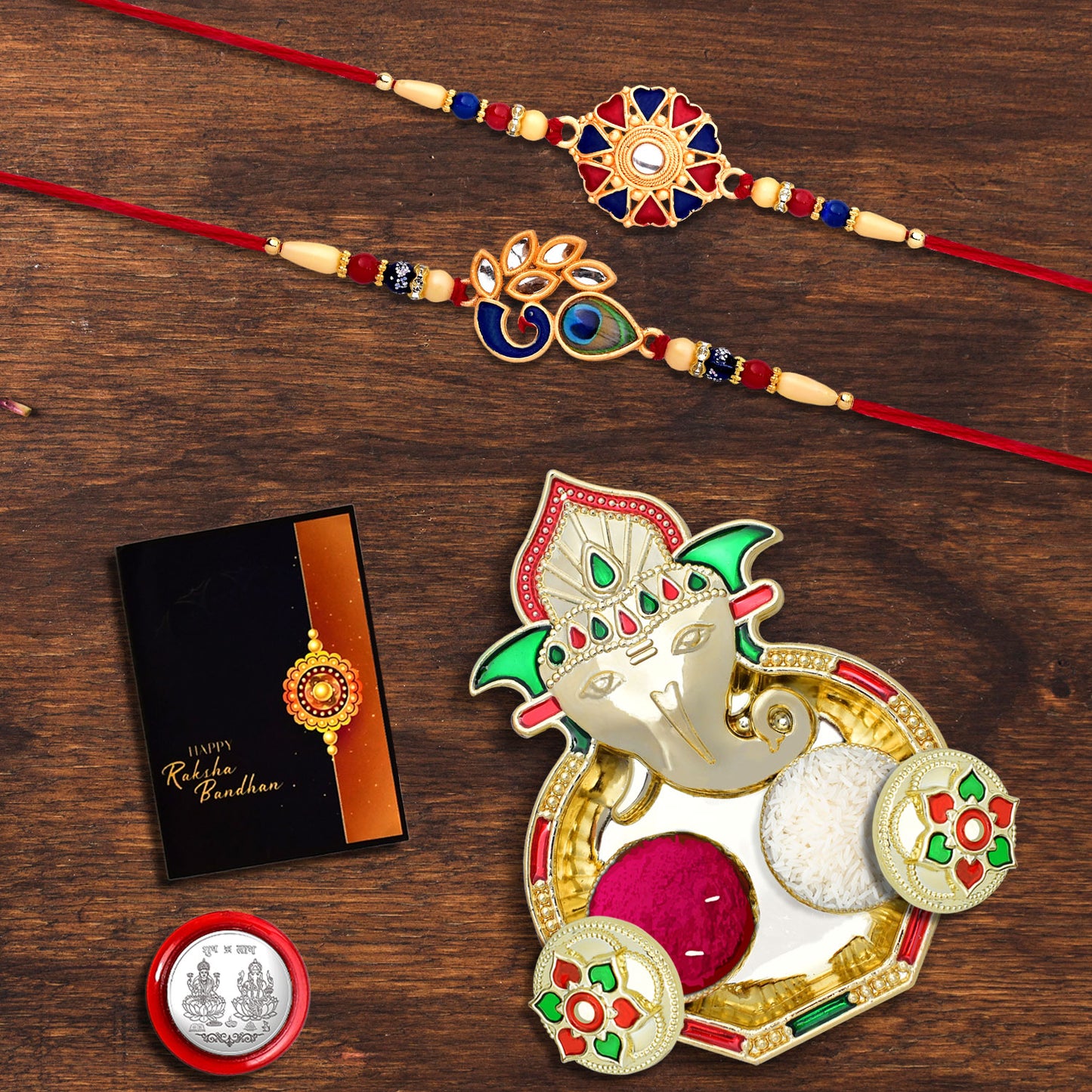 Traditional Rakhi Combo Gift Set including two elegant rakhis and festive accessories