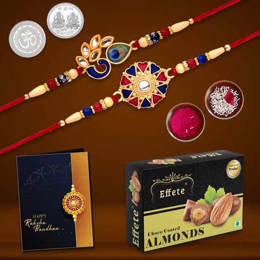 Rakhi gift pack featuring 2 premium rakhis and sweet surprises