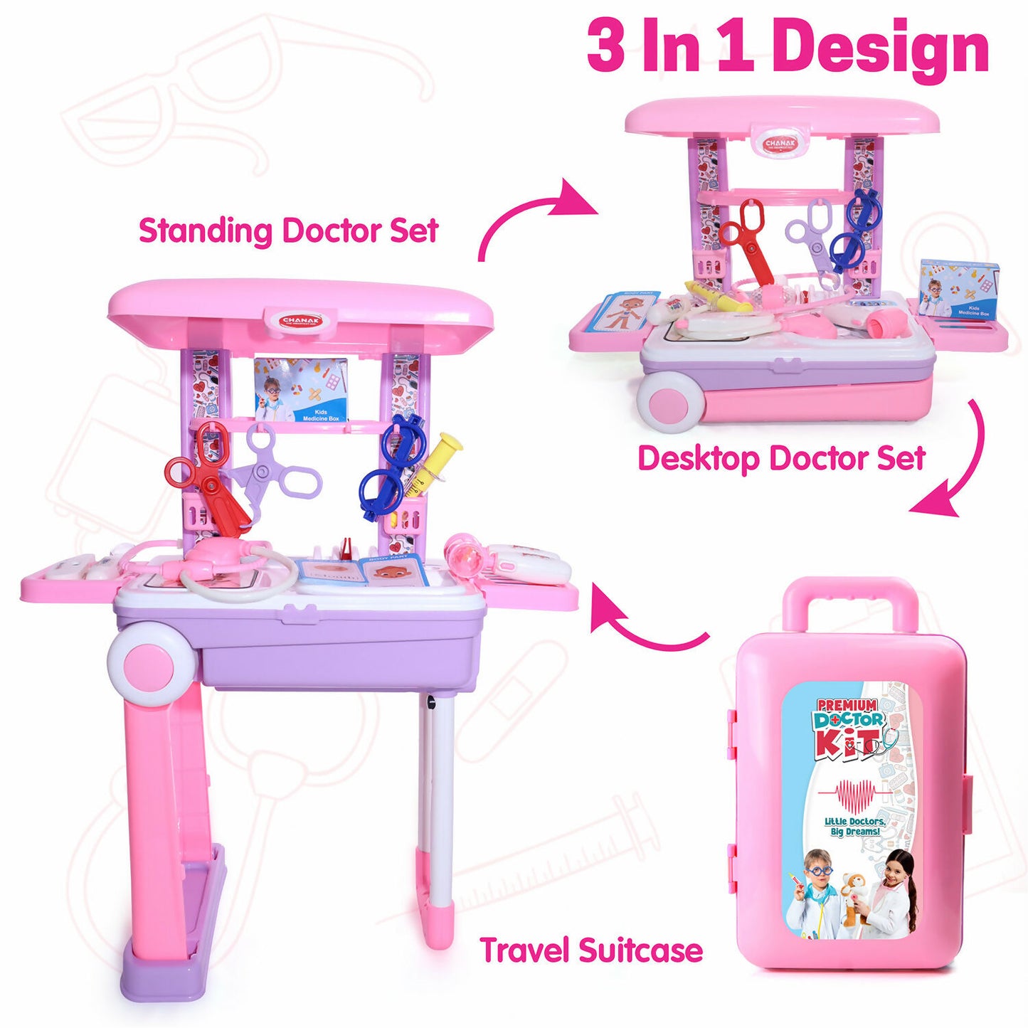 Premium Doctor Set with Pull & Push Trolley for Kids,Doctor Set with LED Light Instruments, 13 Piece Doctor Kit, BIS Approved (Pink)