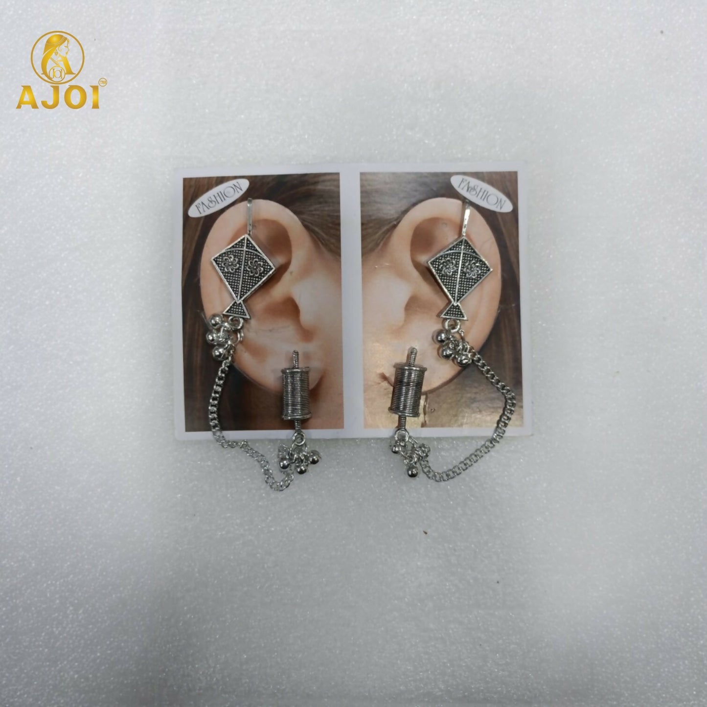 Ethnic Oxidised Silver Kite Design Earrings with Chain & Ghungroo for Women and Girls