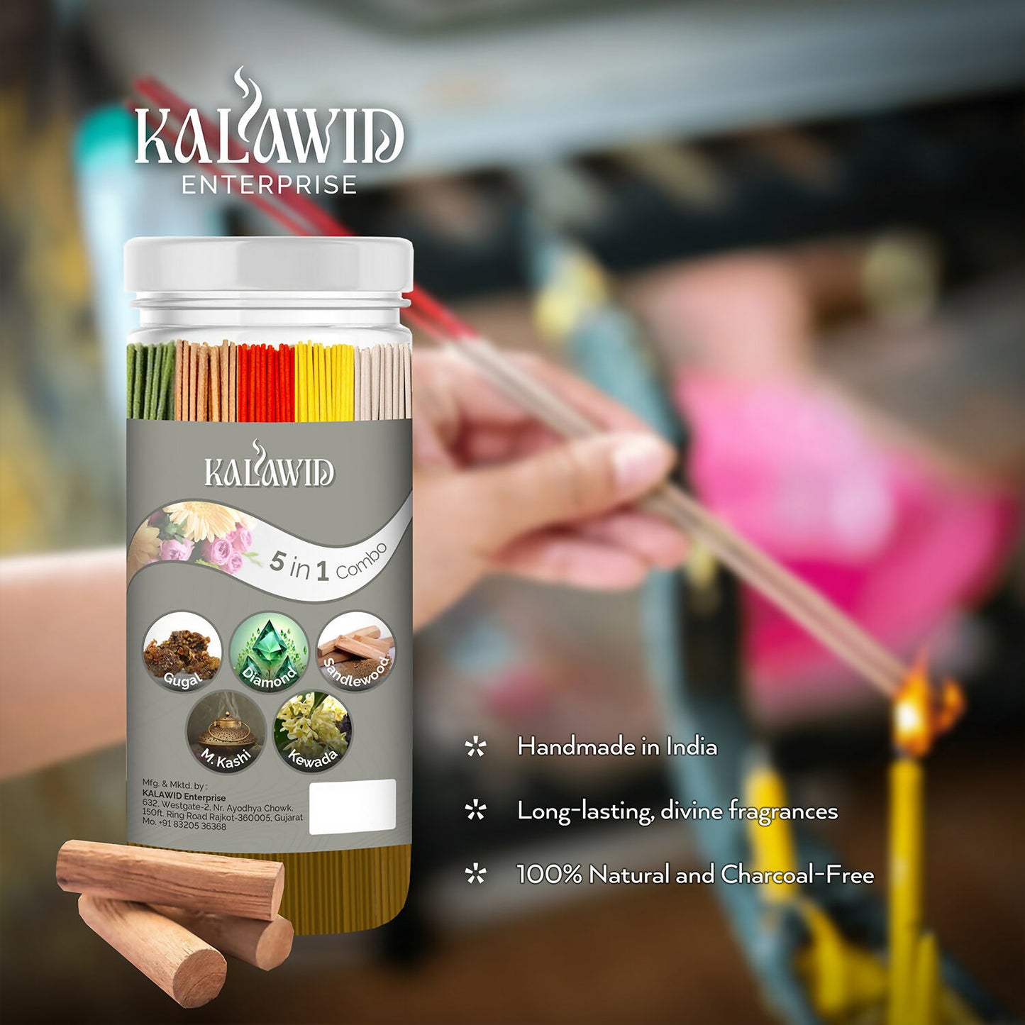 Premium Agarbatti 5 In 1 Combo with Gugal, Diamond, Sandalwood, Masalakashi, Kewada Fragrances for Long Lasting Aroma (400 Gm)