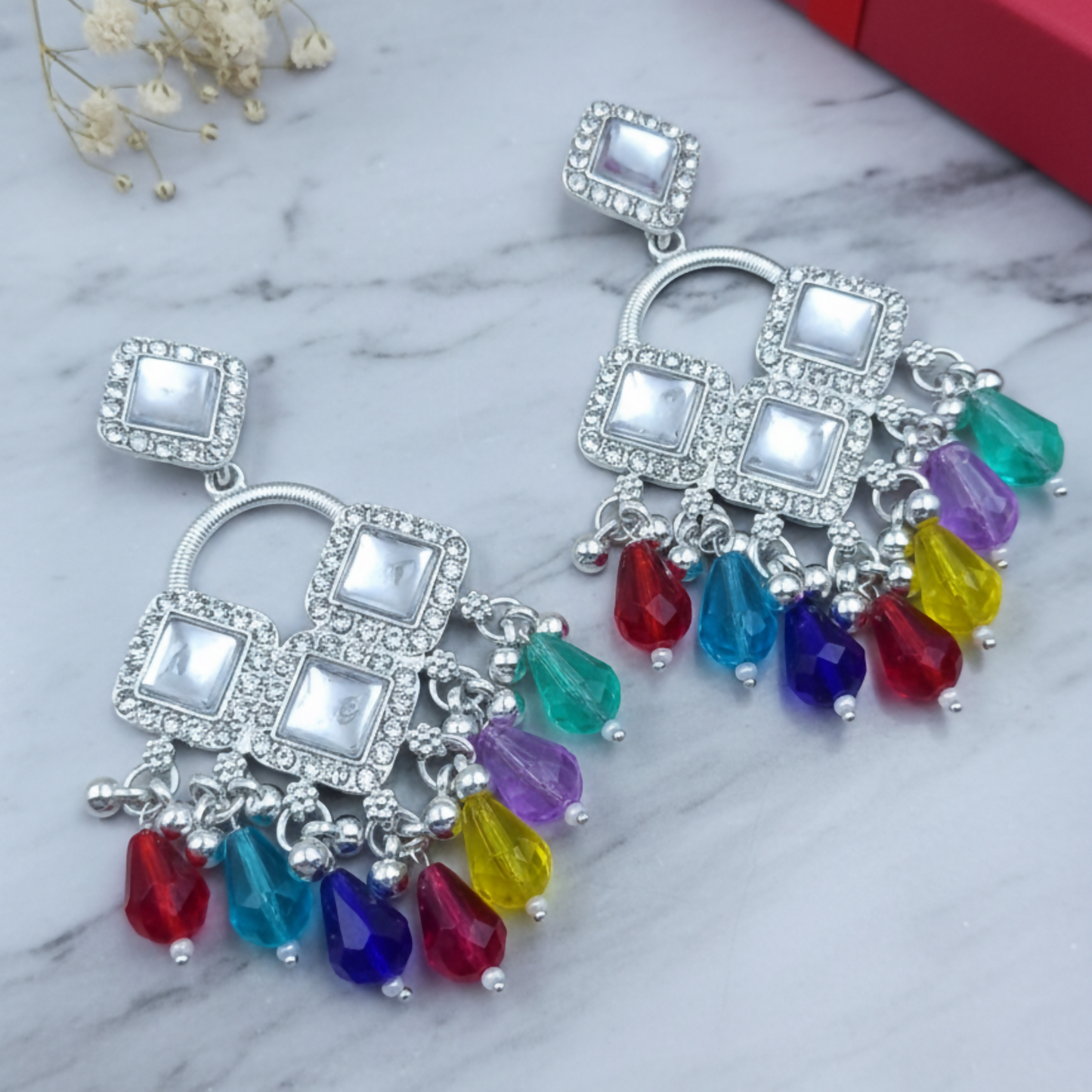 Elegant Silver Plated Chandelier Earrings Featuring Square Crystals and Multi Teardrop Beads