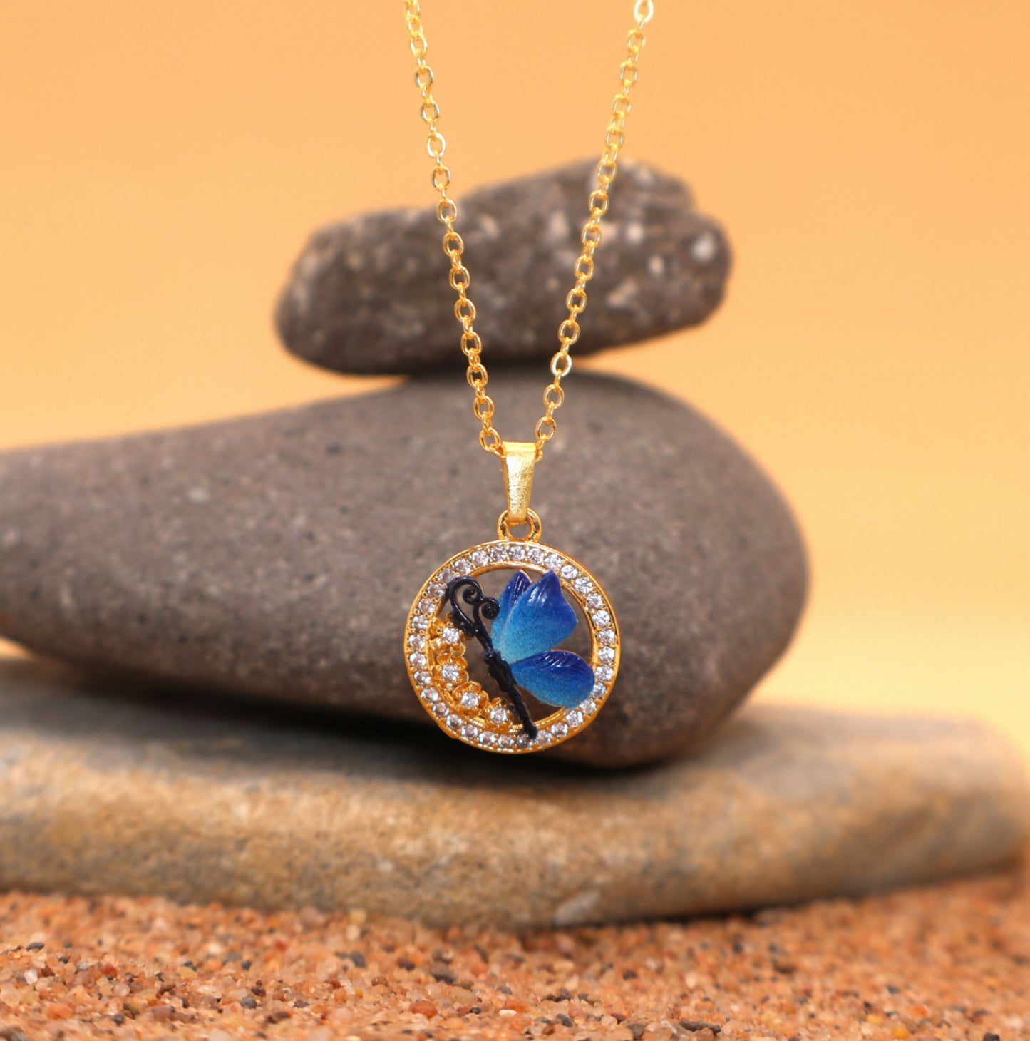 Gold Plated Blue Enamel Butterfly Circle Pendant Necklace For women and girls