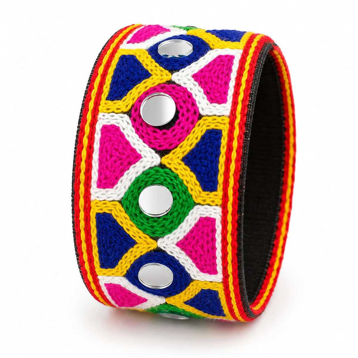 A close-up of a wide, colorful embroidered cuff bracelet with multiple reflective mirror accents.