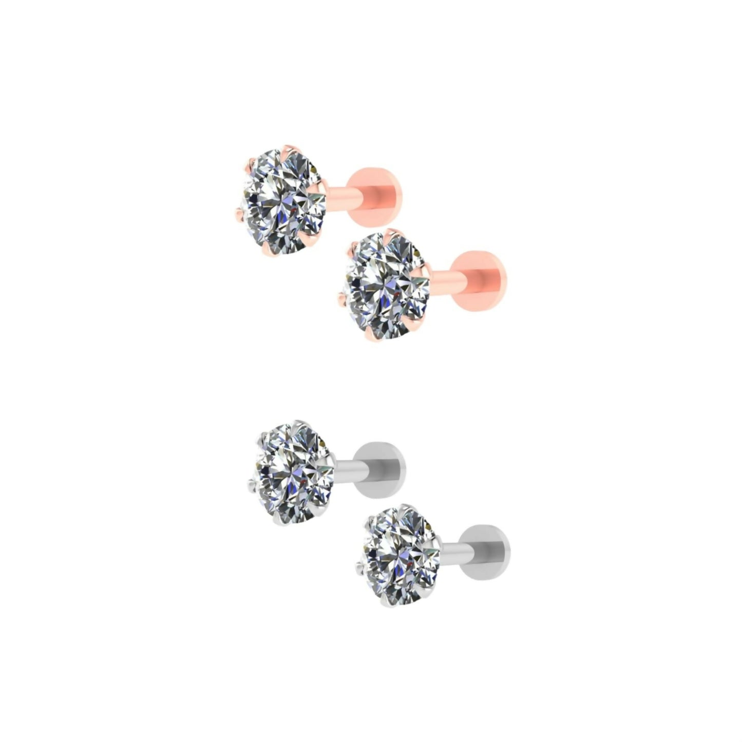 Pair of silver plated solitaire stud earrings placed to highlight their brilliant cubic zirconia