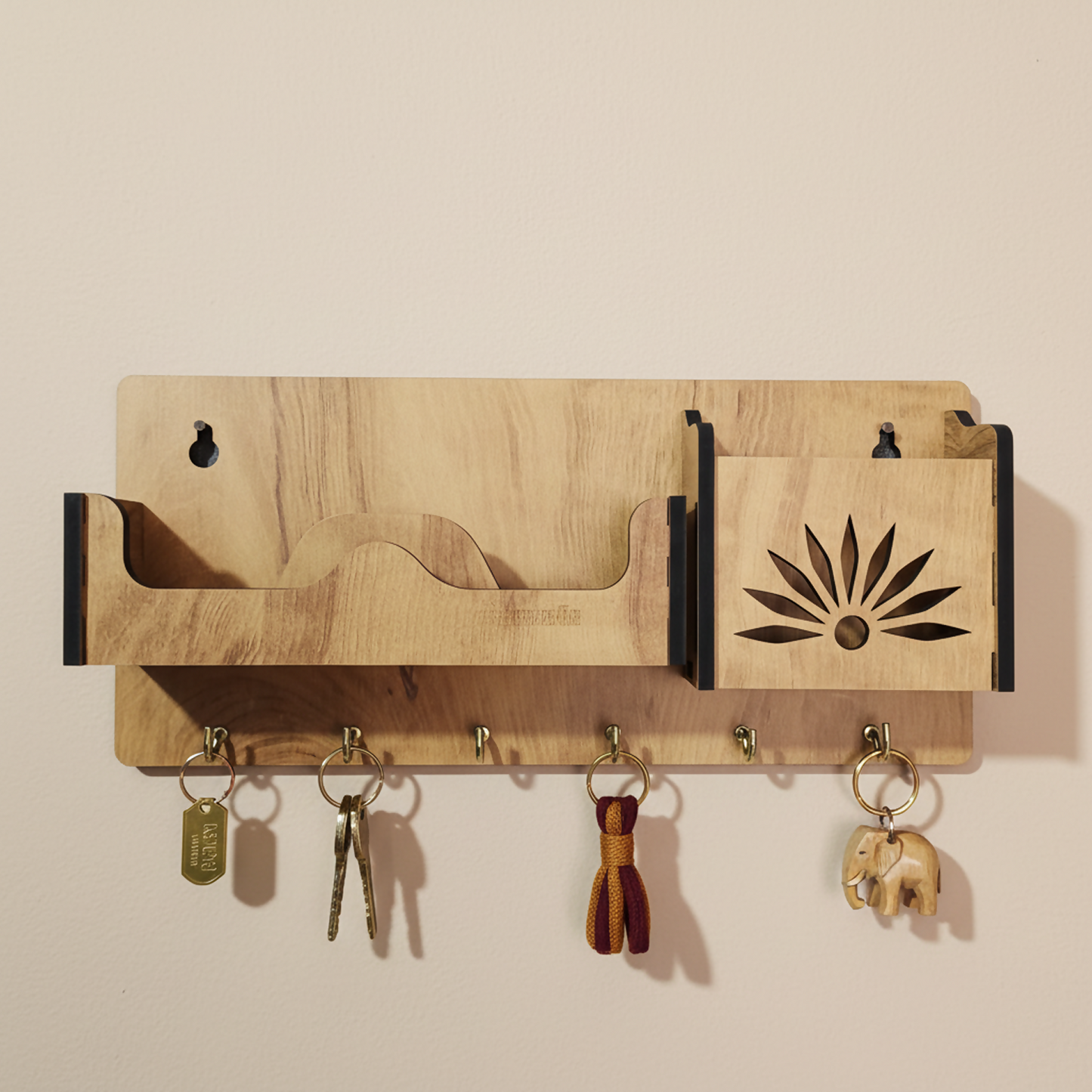 Wooden Wall Mounted Key Holder with Shelf for Mobile, Glasses and Keys