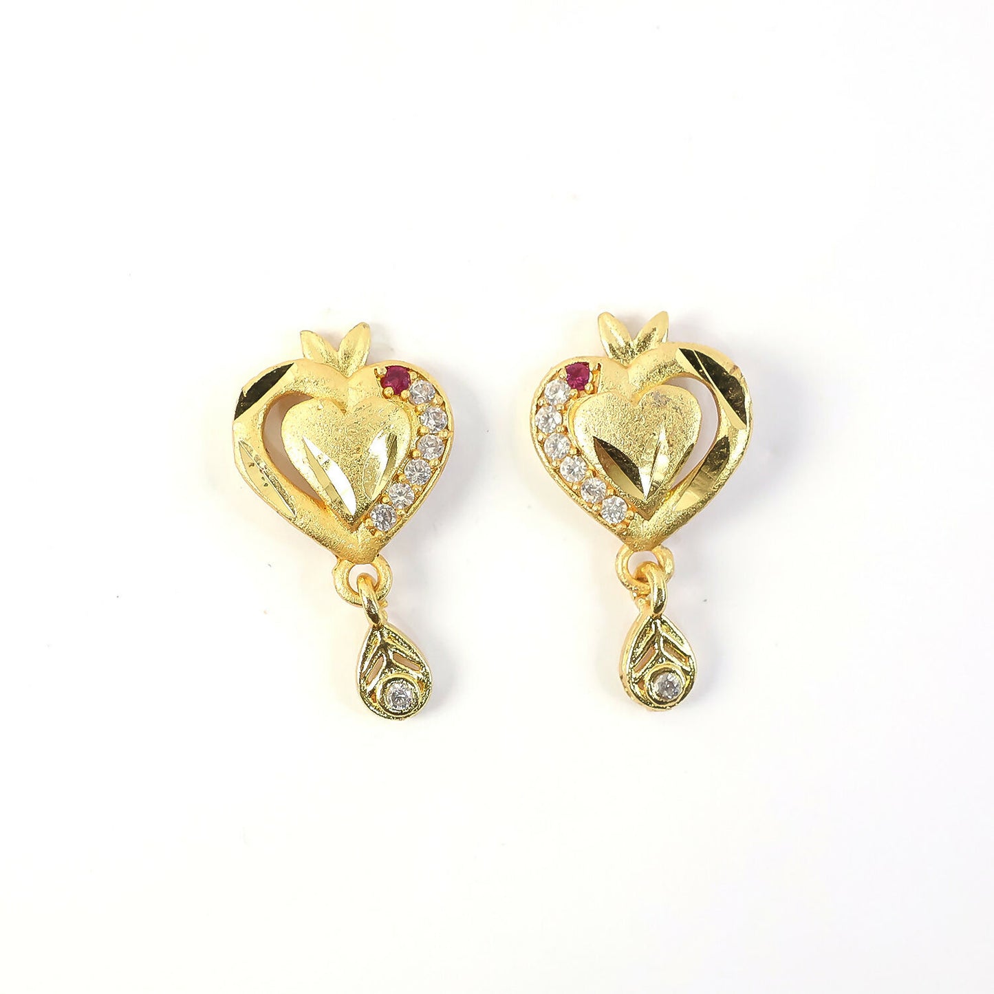 Heart Shaped Gold Finish Earrings With Crystal Border And Delicate Hanging Drop
