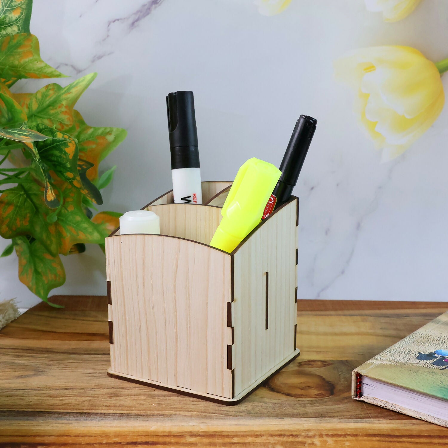 Khyati Wooden Pen Stand – Cube Shape Desk Organizer with Multi-Section Storage