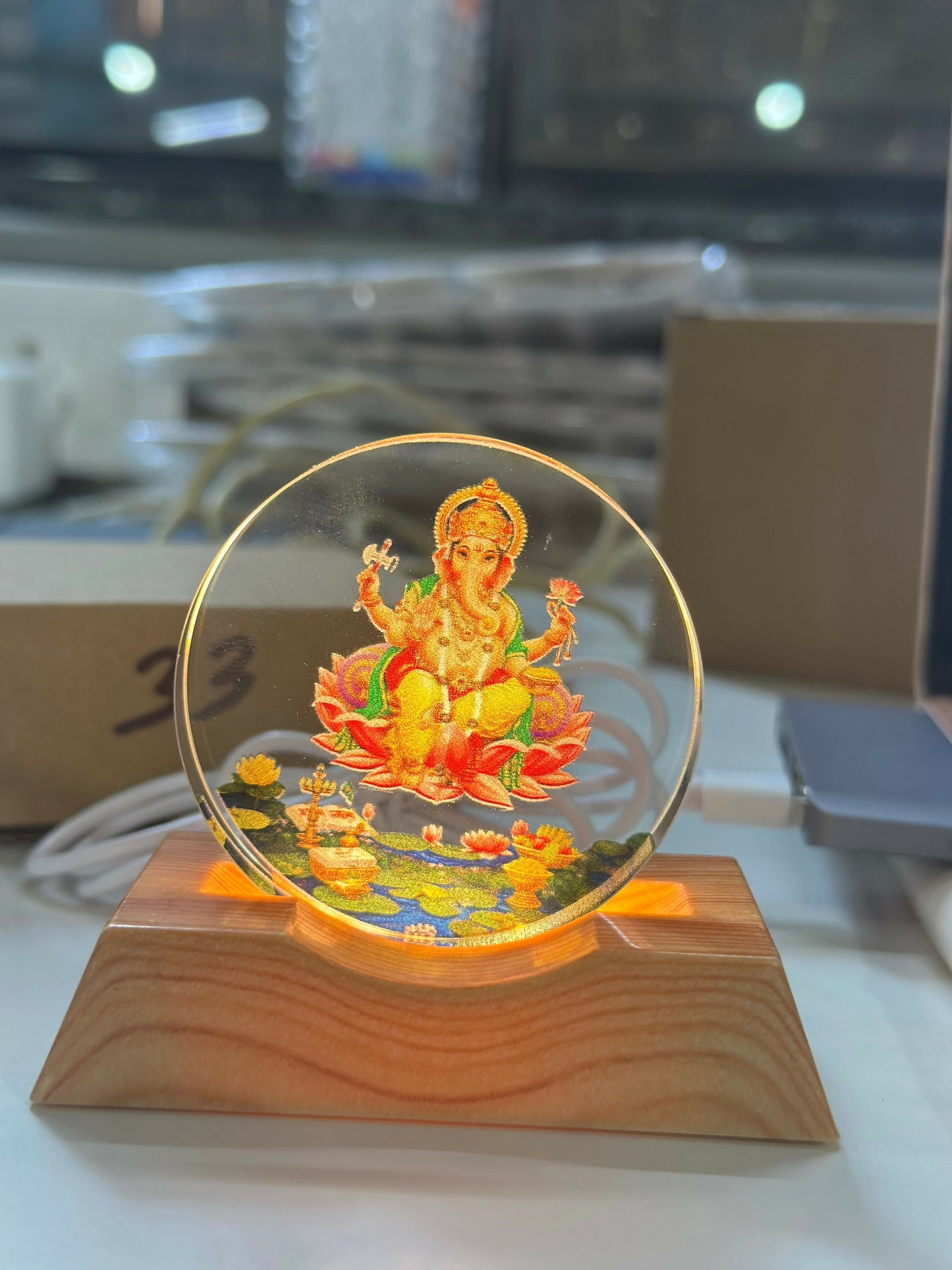 Lord Ganesha Acrylic LED Lamp with Wooden Base | Devotional Night Light