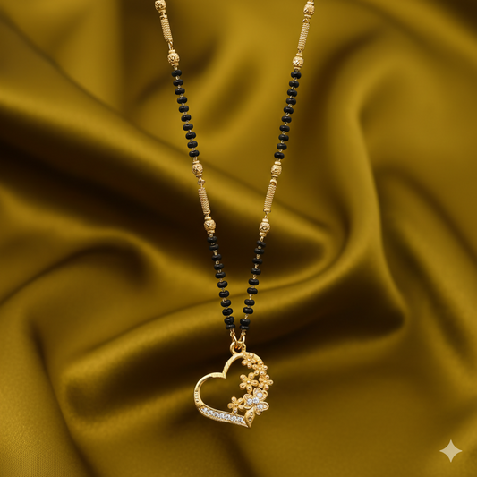 Gold Heart Floral Mangal sutra Necklace with AD Accents For women