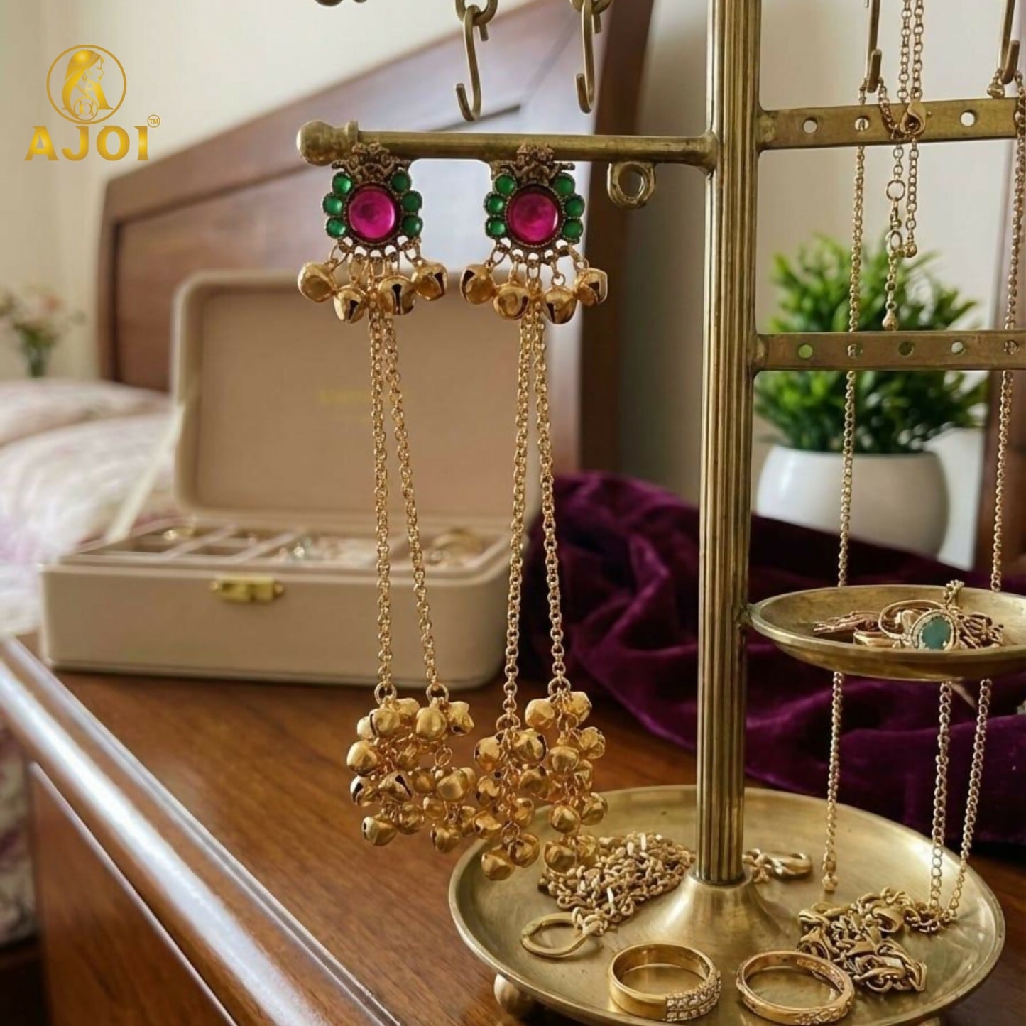 Royal Kashmiri-Inspired Gold-Plated ERuby Pink & Emerald Green Stones, Dual Chain Ghungroo Drops