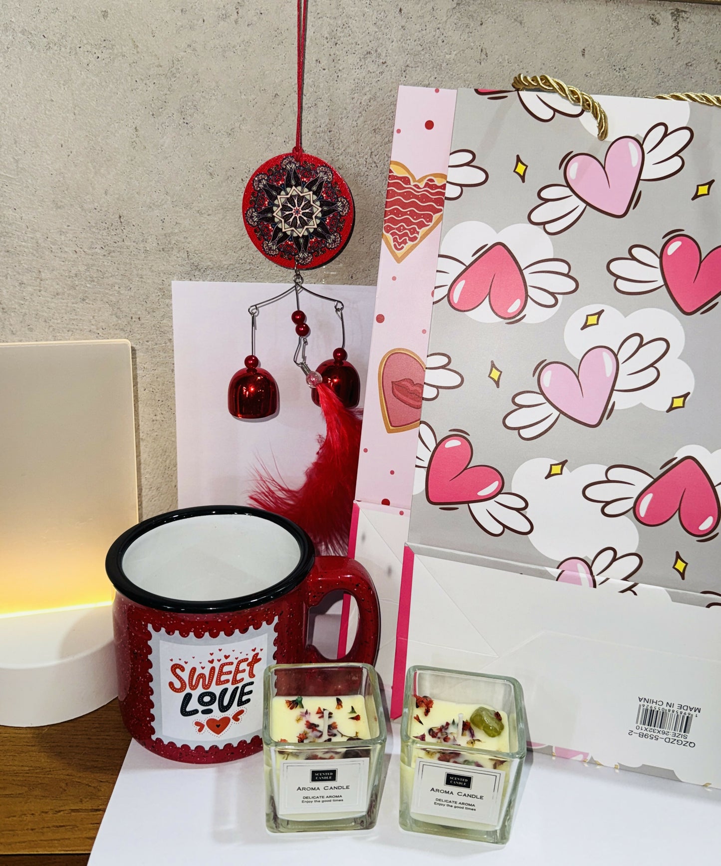 Romantic Valentine Gift Combo Set – 2 Scented Candles, 2 Designer Gift Bags, 1 “Sweet Love” Mug, 1 Heart Windchime & 1 LED Night Lamp | Perfect Gift for Girlfriend, Boyfriend, Anniversary & Home Decor