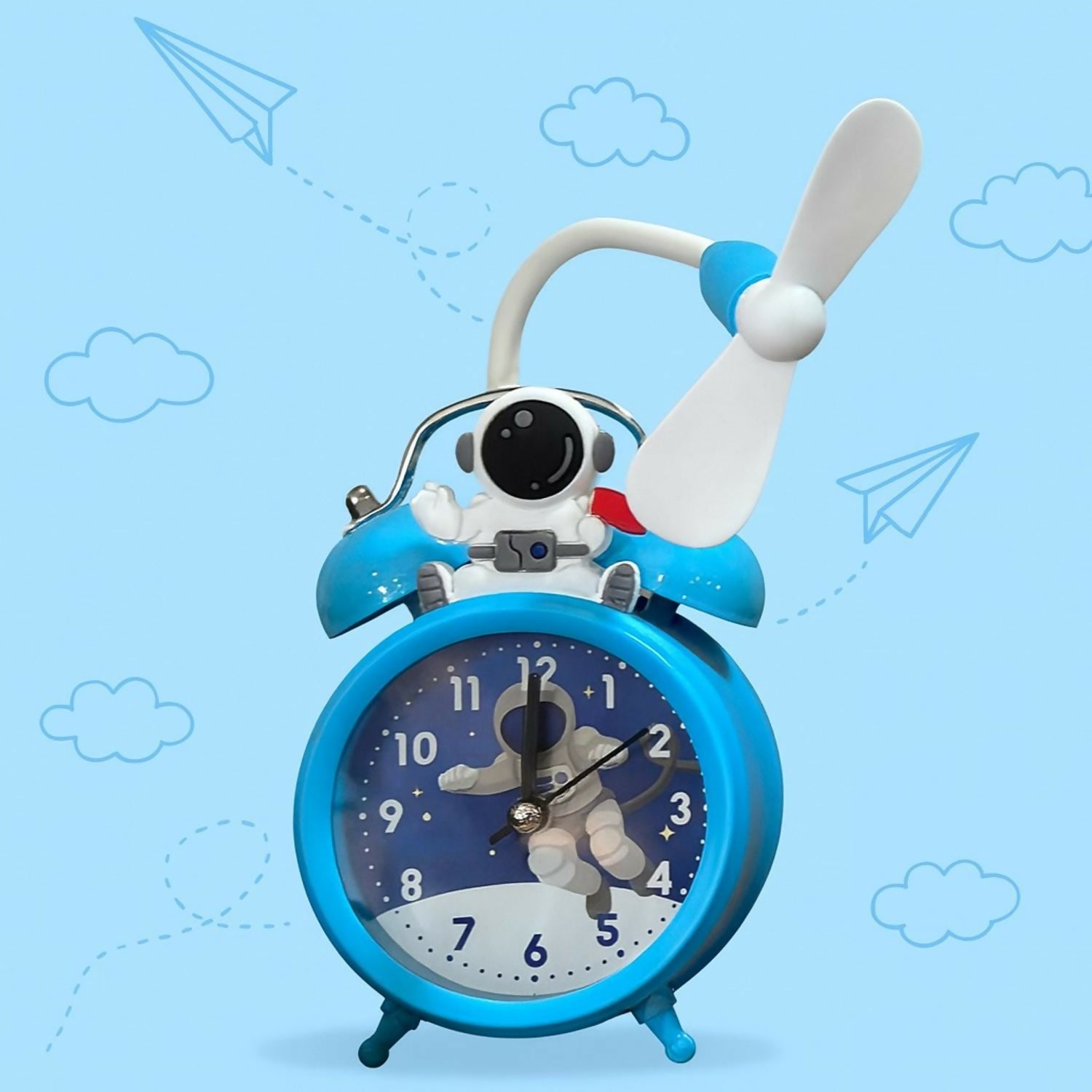 Astronaut Design Kids Alarm Clock with Cooling Fan | Cute Blue Cartoon Space Themed Table Clock for Kids Bedroom, Study Table & Gifting | Silent Analog Quartz Clock with Fan – Battery Operated