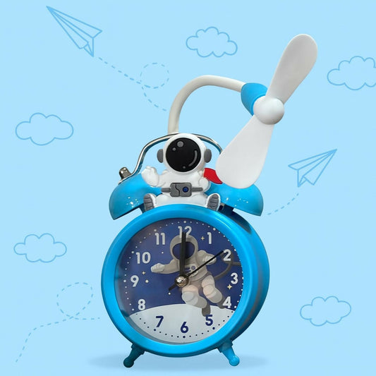 Astronaut Design Kids Alarm Clock with Cooling Fan | Cute Blue Cartoon Space Themed Table Clock for Kids Bedroom, Study Table & Gifting | Silent Analog Quartz Clock with Fan – Battery Operated