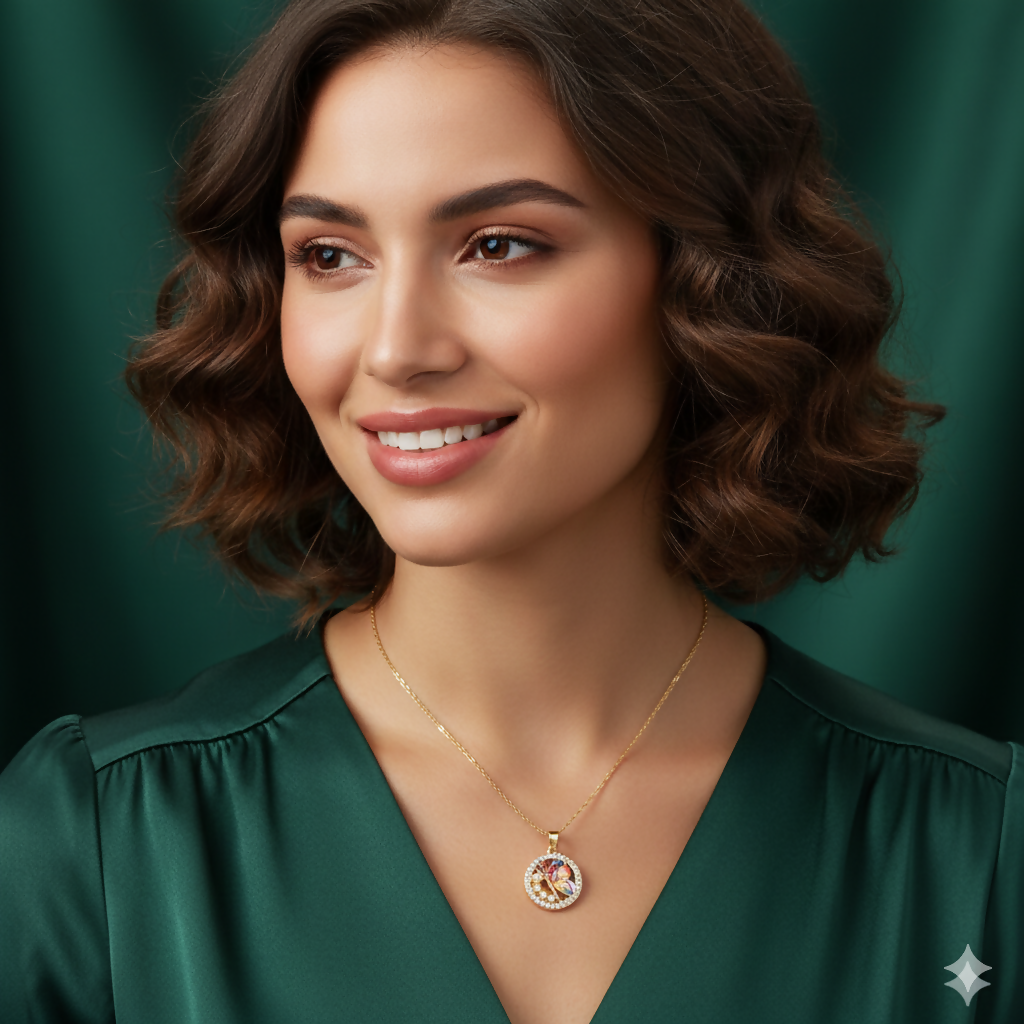 Gold Butterfly Pendant Necklace - Colorful Crystal Circle For women and girls