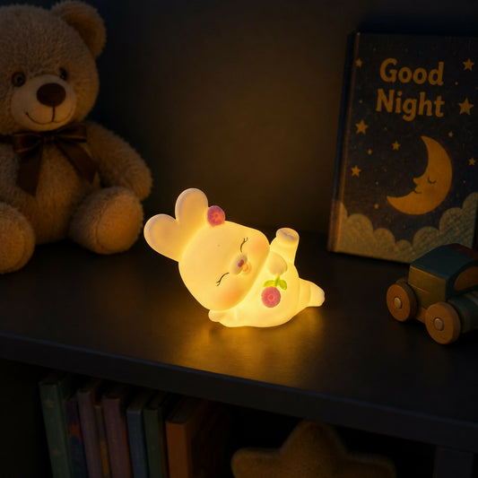 Cute smiling bunny silicone night lamp with floral details